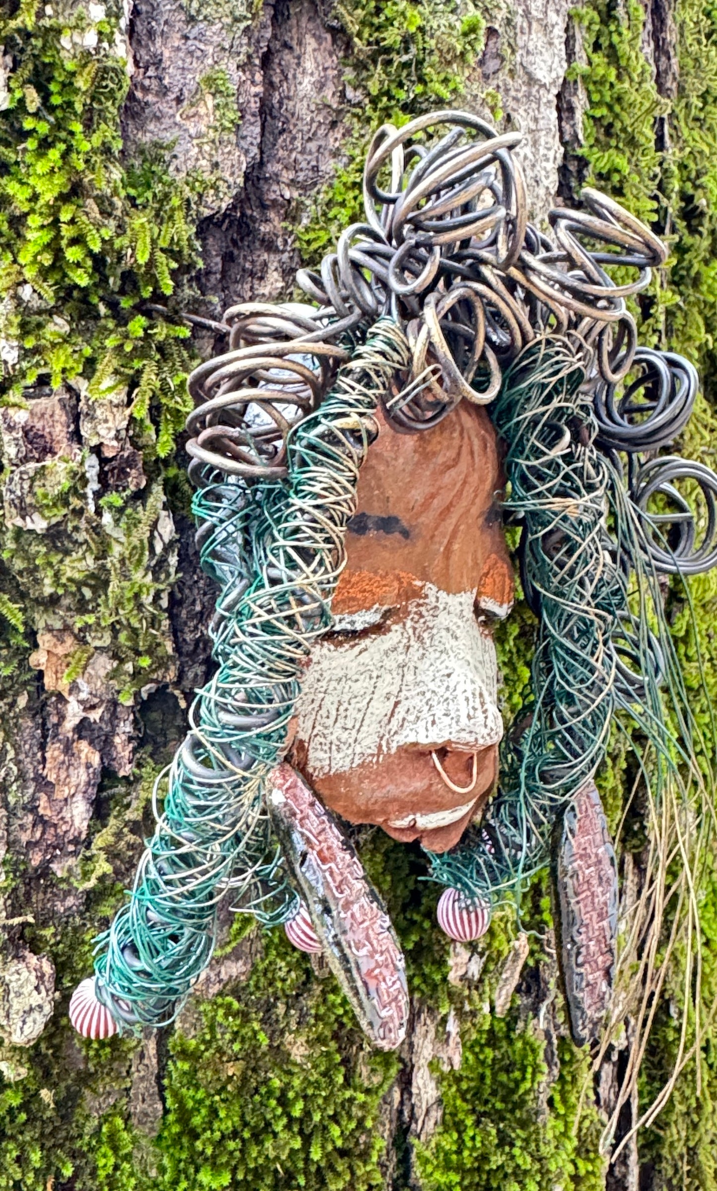 Baldwin Bo is a mixed media raku fire mask, measuring 4" x 6" and weighing 6oz. This unique piece features 25 feet of 24 and 16 gauge wire and a copper nose ring, giving it a three-colored complexion. The mask is also adorned with large Raku fired earrings and a wooden bead, and looks stunning when photographed against a mossy tree bark. Add Baldwin Bo to your collection of HerDew masks for a beautiful and eye-catching addition.