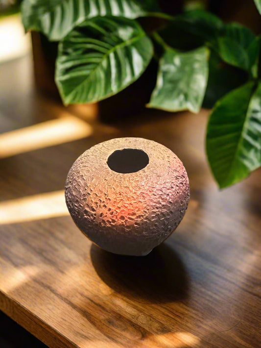 At 4" x 5 " x 5" in size and featuring an opening of 1 ", the Copper Matte Rust Round Vase is spacious enough to accommodate a diverse array of flower arrangements. With a robust build and a distinctive firing process, the vase ensures your flowers remain secure, making it the ideal choice for any special occasion. Elevate your decor and impress your guests with this exquisite and skillfully designed piece. Be sure to take advantage of our convenient Shipping and Return policy.
