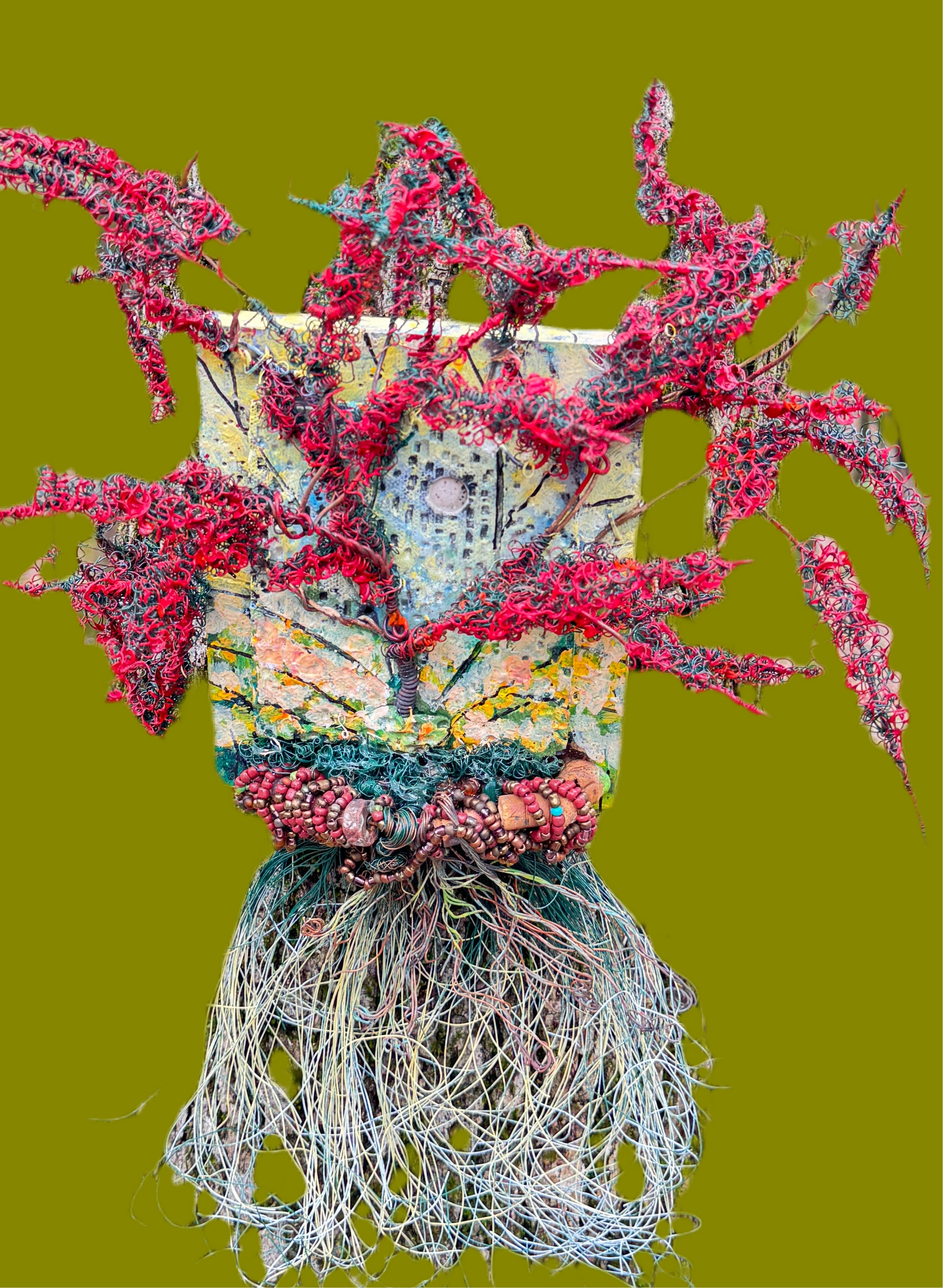 Chrisom Crown is a unique mixed media landscape, measuring 17 inches in height and 15 inches in width. The piece features a combination of 16 and 24 gauge wire, along with handmade Raku fire beads. It also includes a RAKU fired and hand painted texture tile mounted on a 7" x 5" wood base. The sun peeks through the vibrant Crimson leaves, creating the illusion of a warm summer day.