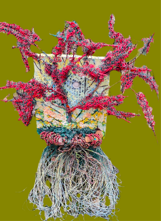 Chrisom Crown is a unique mixed media landscape, measuring 17 inches in height and 15 inches in width. The piece features a combination of 16 and 24 gauge wire, along with handmade Raku fire beads. It also includes a RAKU fired and hand painted texture tile mounted on a 7" x 5" wood base. The sun peeks through the vibrant Crimson leaves, creating the illusion of a warm summer day.