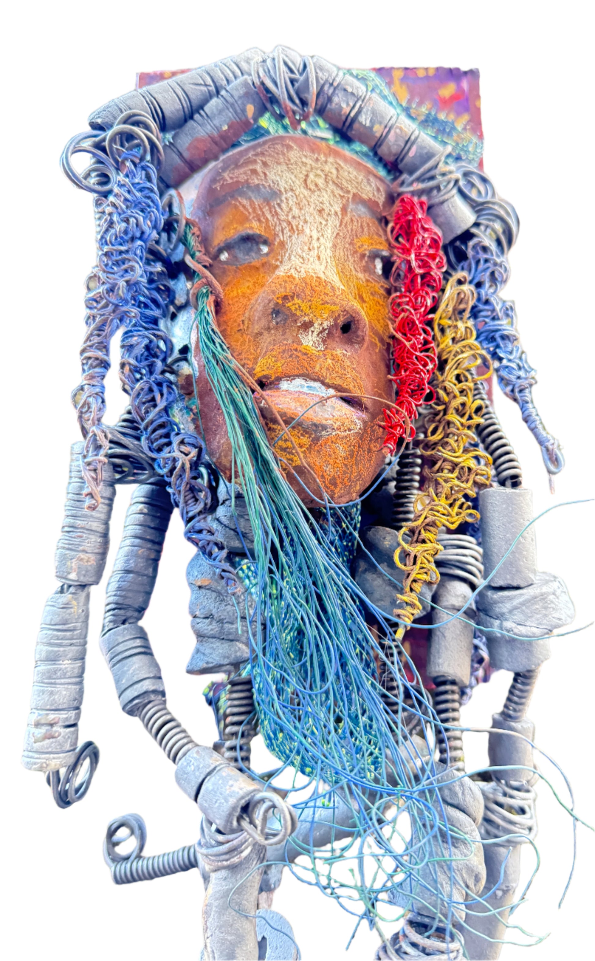 Aamadu is a member of the 2023 range of wooden-mounted tribal masks.
Meet Aamadu, the one-of-a-kind ceramic sculpture who'll make you chuckle with his contagious smile! Standing 4.5"x 8"x 1", Aamadu has a lot of fun features, like his speckled face, handmade raku-fired beads, and over 60 feet of twisted wire for hair! Best of all, it takes over two weeks of hard work to bring him to life - so snag him while you still can!
Instant Message or Chat with me.