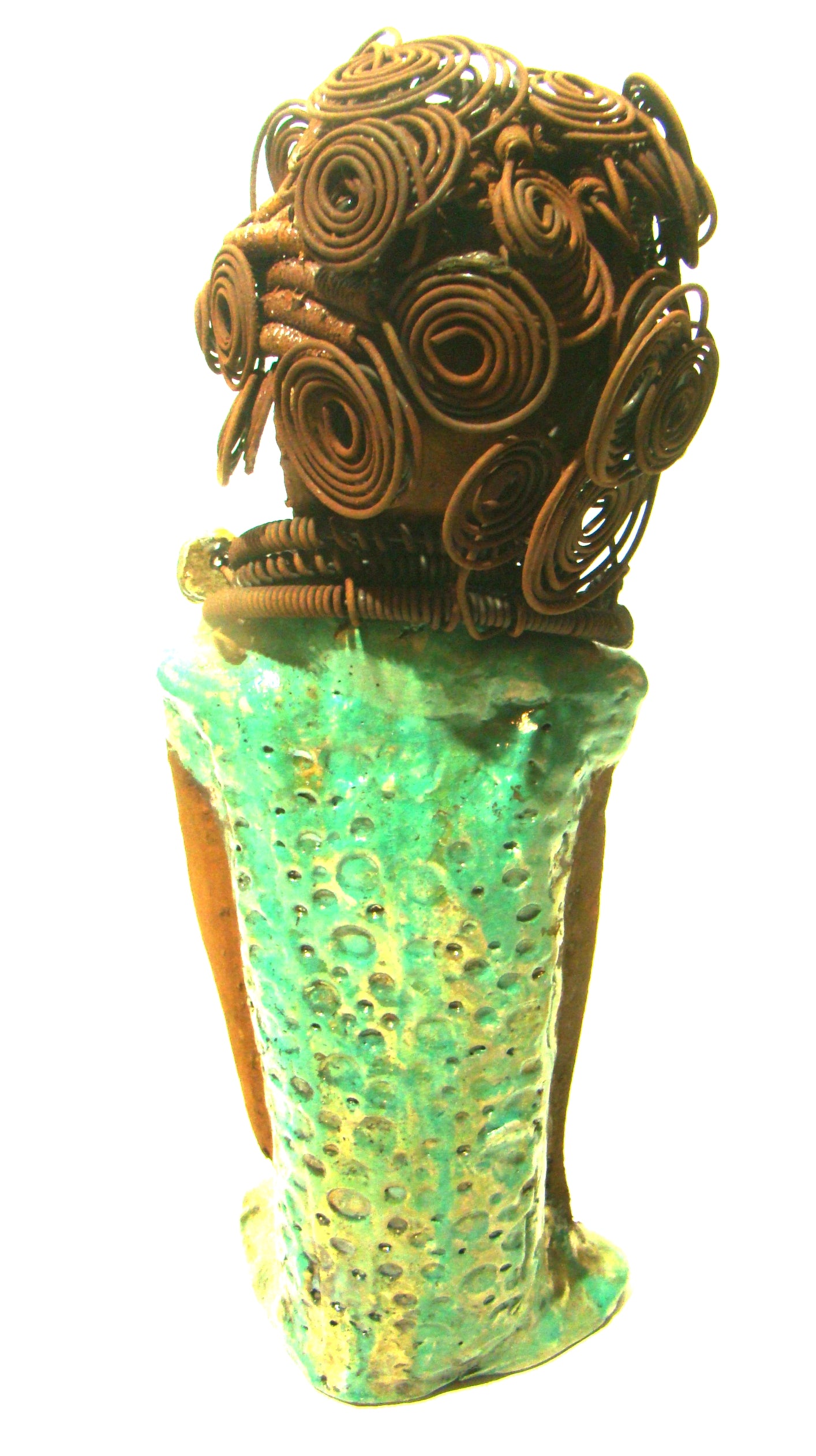 Martina stands 13" x 5" x 4" and weighs 3.15 lb. She wears a large beaded coiled collared necklace. Martina wears a metallic green gold textured dress. Martina has an awesome honey brown complexion that compliments her subdued look. She has those familiar long loving arms! Martina is looking for a new home. She is a conversation piece. Free Shipping!
