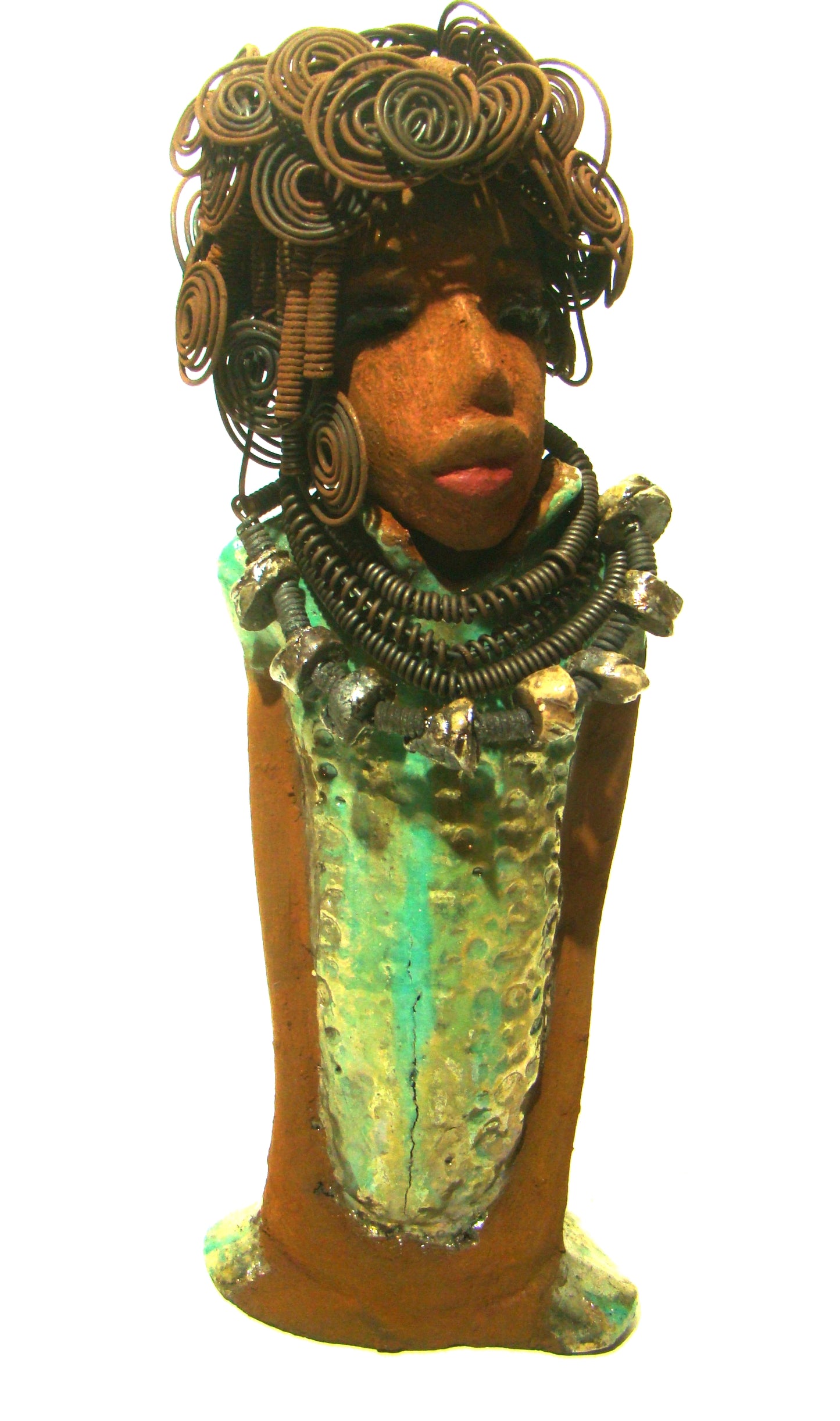 Martina stands 13" x 5" x 4" and weighs 3.15 lb. She wears a large beaded coiled collared necklace. Martina wears a metallic green gold textured dress. Martina has an awesome honey brown complexion that compliments her subdued look. She has those familiar long loving arms! Martina is looking for a new home. She is a conversation piece. Free Shipping!