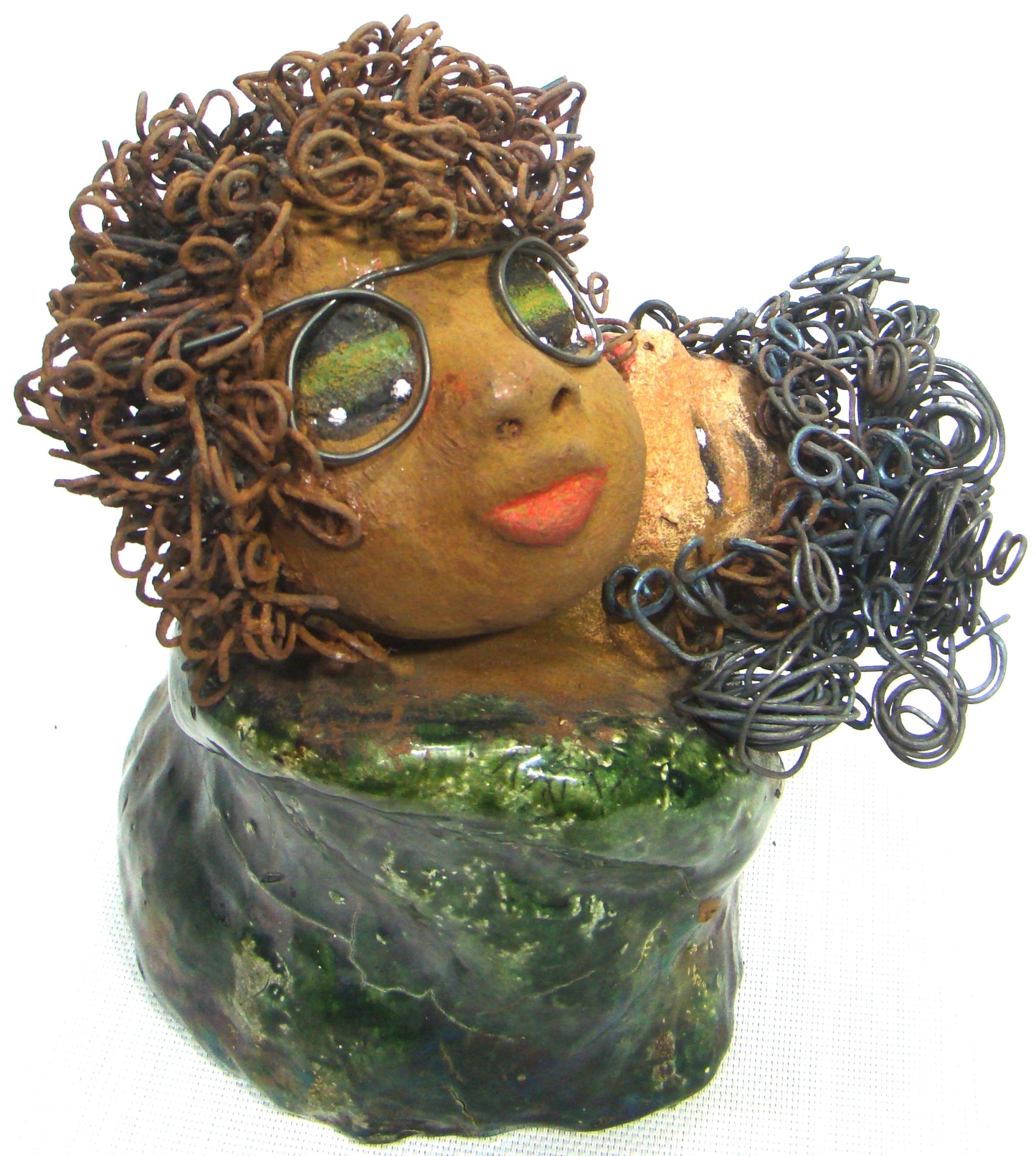 I Got You stands 10" x 6.5" x 6.5" and weighs 5.06 lbs. They have lovely light beige and honey brown complexions. Their dress are metallic green. Combined I Got You has over 30 feet of curled 16 gauge wire. The older of the two wears eyeglasses and seems to be the comforter. I Got You will bring joy and happiness to your home. Free Shipping!