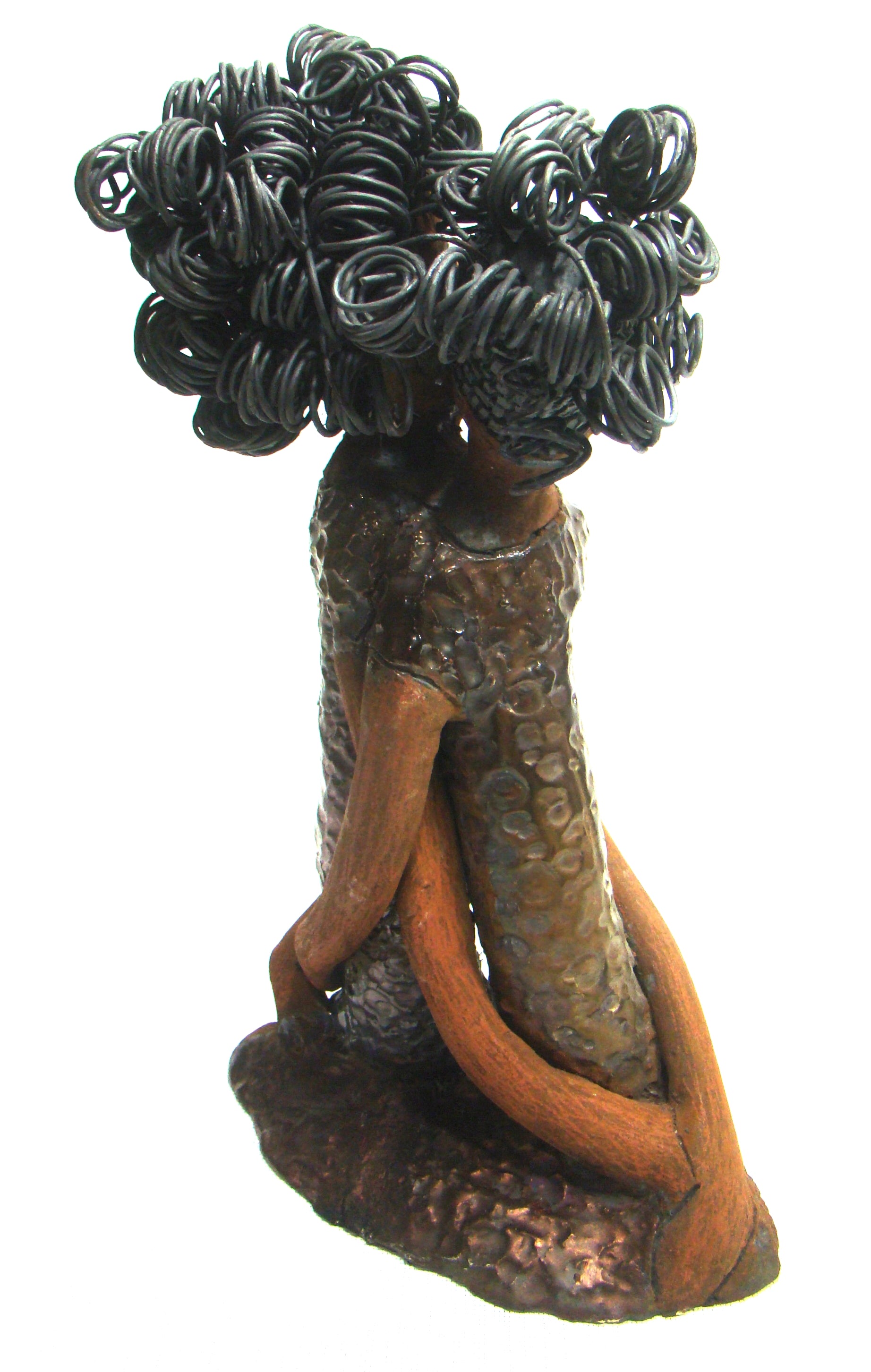 My BFF stands 13" x 8" x 4" and weighs 4.13 lbs.     Both girls have lovely honey brown complexions.     Their dresses are textured and have copper metallic glazes.     The long loving arms of My BFF embrace one another with love.     My BFF has over 25 feet of curly 16 gauge wire hair.     My BFF represents the close bond and friendship that has developed between all women of every race, ethnicity, and color.     My BFF will make an excellent gift to your BFF!     Free Shipping!