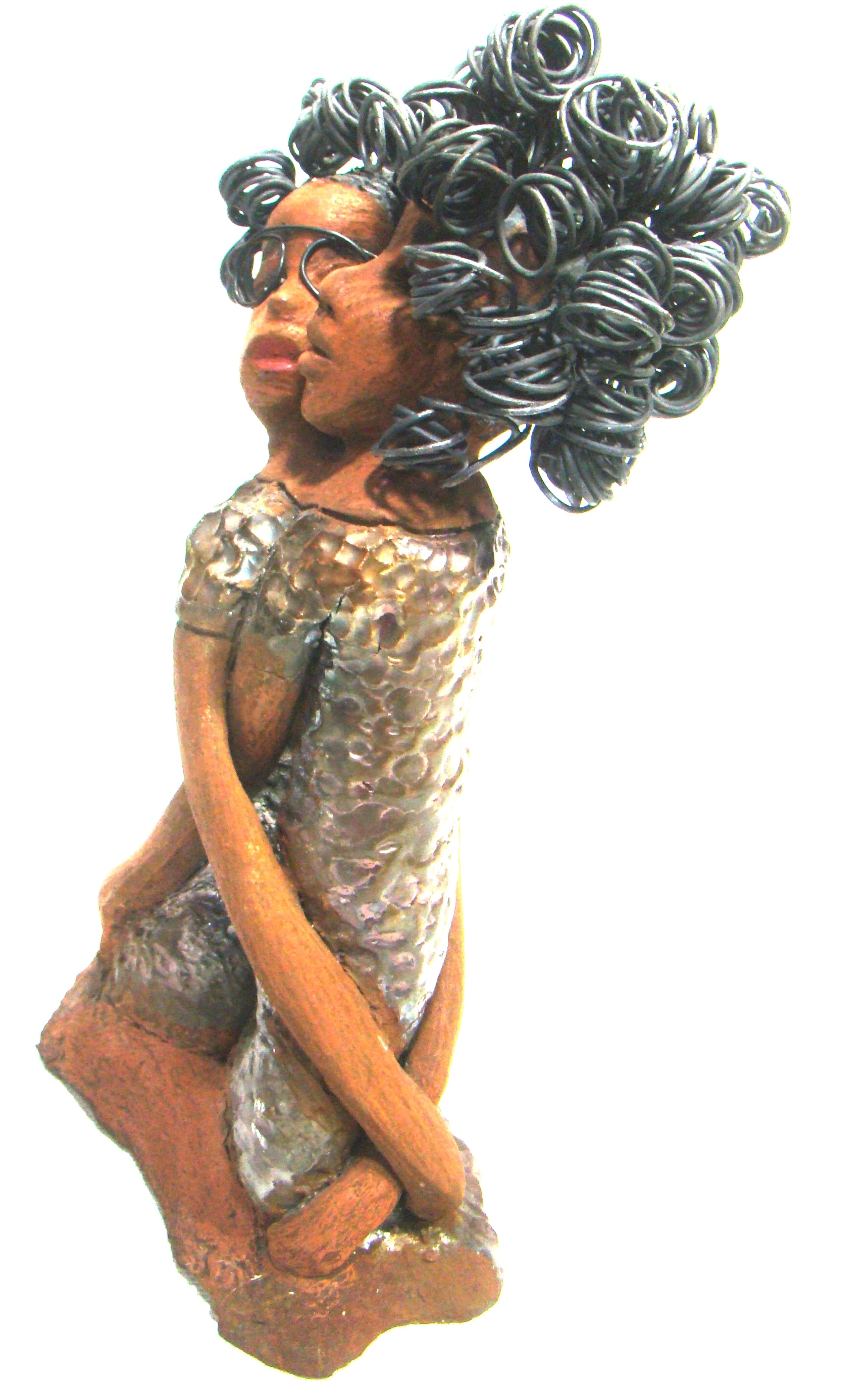 My BFF stands 13" x 8" x 4" and weighs 4.13 lbs.     Both girls have lovely honey brown complexions.     Their dresses are textured and have copper metallic glazes.     The long loving arms of My BFF embrace one another with love.     My BFF has over 25 feet of curly 16 gauge wire hair.     My BFF represents the close bond and friendship that has developed between all women of every race, ethnicity, and color.     My BFF will make an excellent gift to your BFF!     Free Shipping!