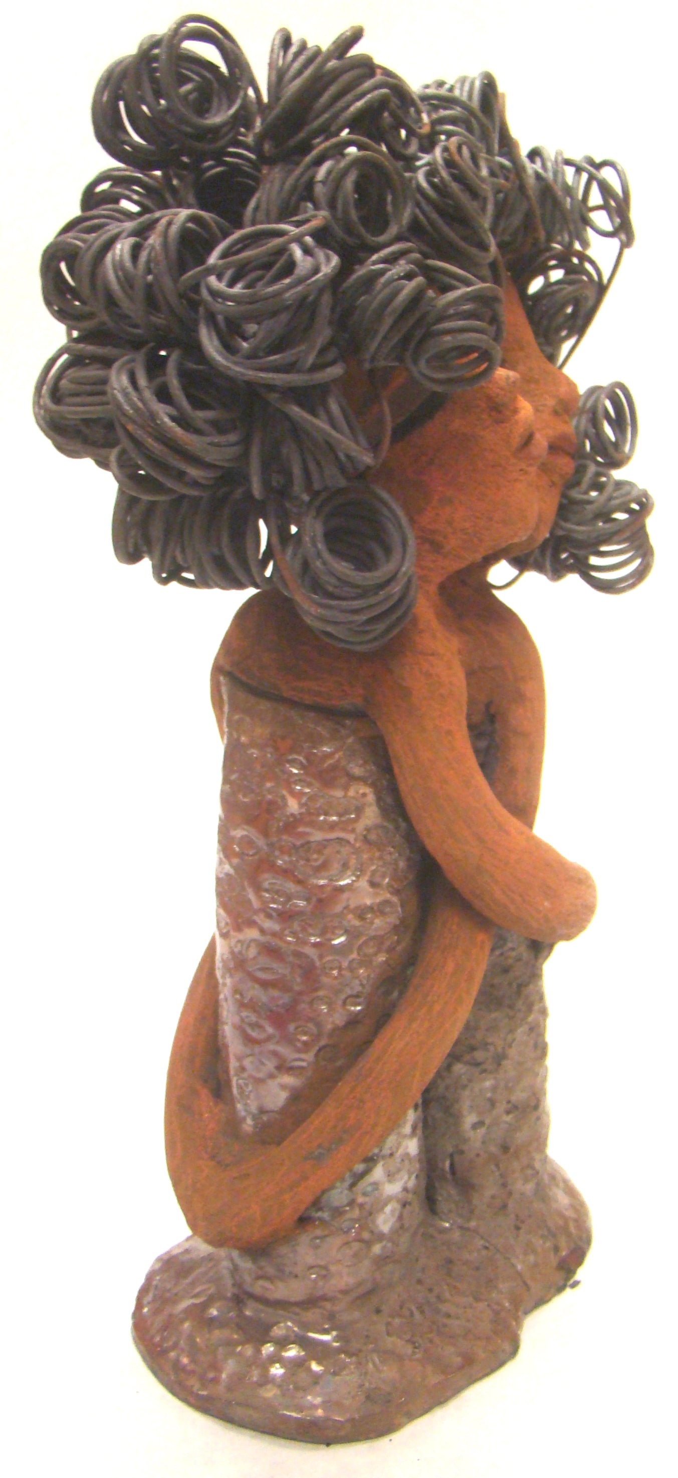 Sister Love stands 11" x 5" x 3" and weighs 2.06 lbs. Combined they have over 45 feet of curled 16 gauge wire hair. The dresses are textured with an antique copper glaze. They have lovely honey brown complexions. Sister Love is inseparable! Give them a special place in your home. Free Shipping!
