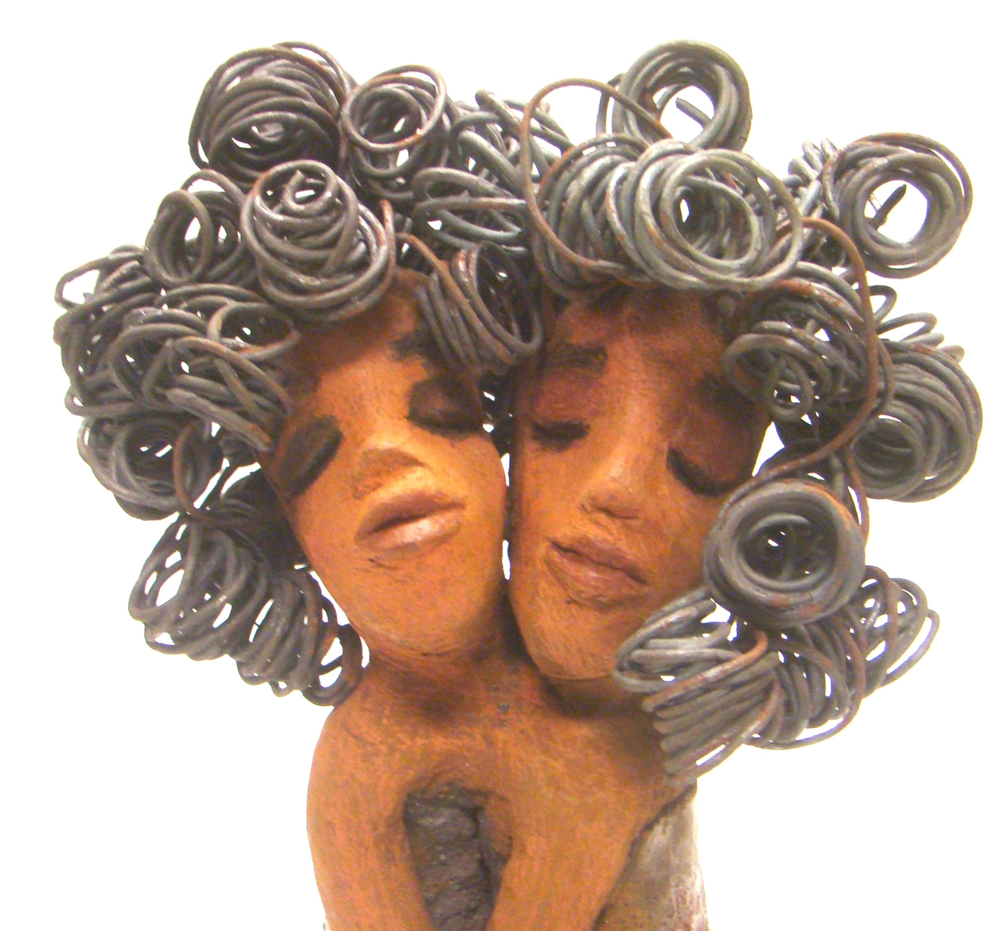 Sister Love stands 11" x 5" x 3" and weighs 2.06 lbs. Combined they have over 45 feet of curled 16 gauge wire hair. The dresses are textured with an antique copper glaze. They have lovely honey brown complexions. Sister Love is inseparable! Give them a special place in your home. Free Shipping!
