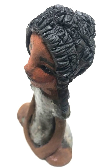 Meet Brenda!      Brenda stands &' x 4" x 2.5" and weighs 11 ozs.     She has a lovely honey brown complexion.     Brenda wears a metallic green dress.     Her hair is smokey black.and made of clay.     Brends's long loving arms rest at her side.  Brenda will make a great gift or a starter piece from the Herdew Collection!