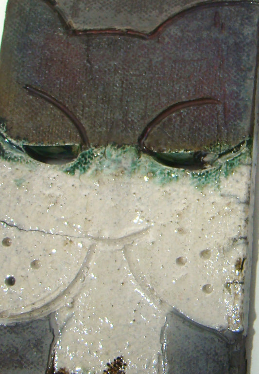 Cat Face     Raku Fired     3.50" x 4.75"     5.7 ozs     Back Hook