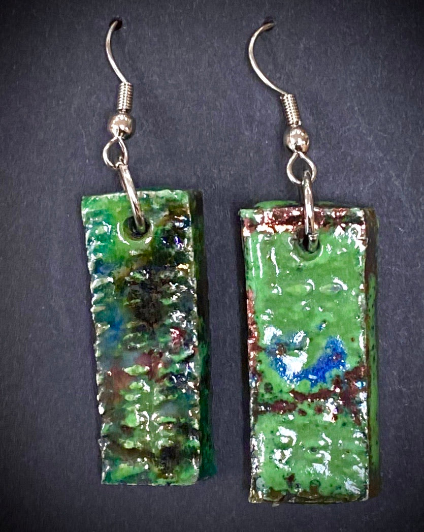 Raku Metallic green and gold Luster Irregular Rectangle 1/2 ounces