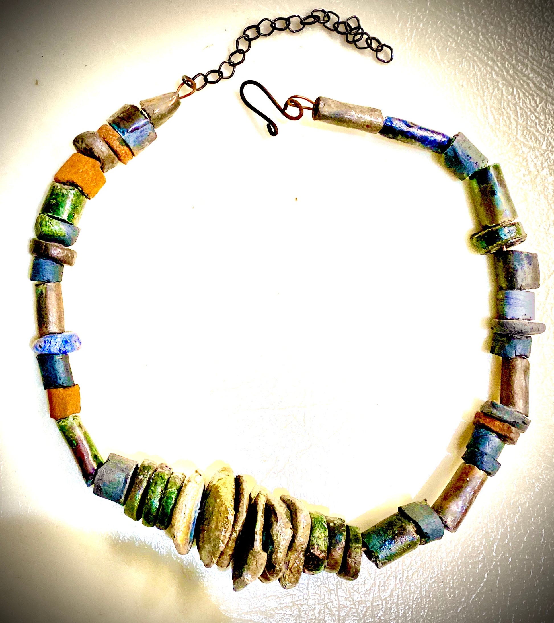 Simple and Beautiful! 42  raku beads. 10"  haang black suede cord Amazingly Lightweight! 5.5 ozs!!