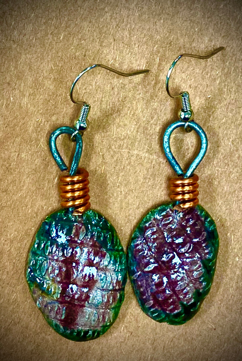 Shimmery green and purple luster textured copper coils 2 ounces