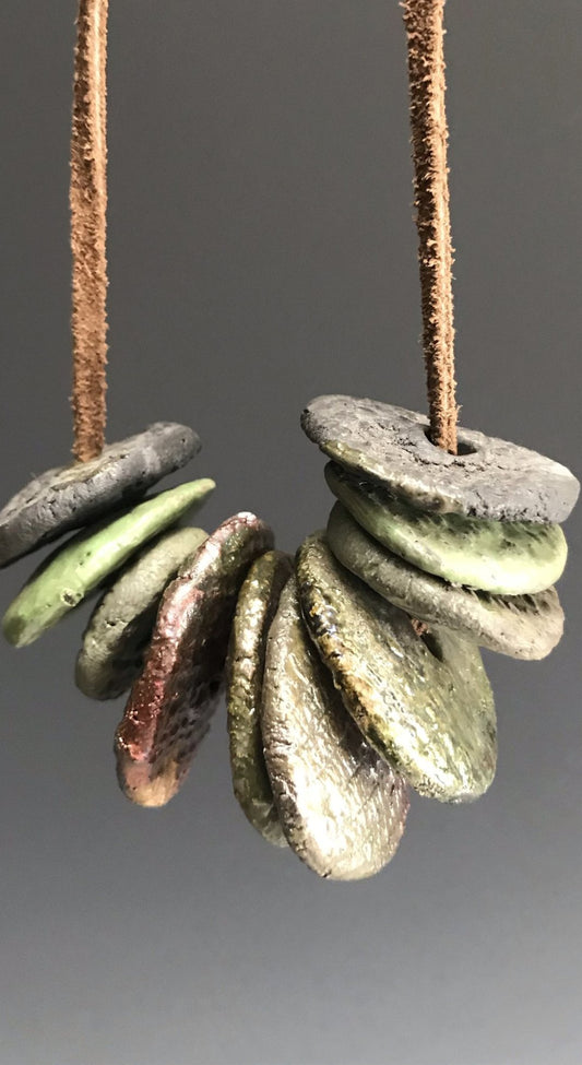 Raku Necklace- 10  Multicolored Discs