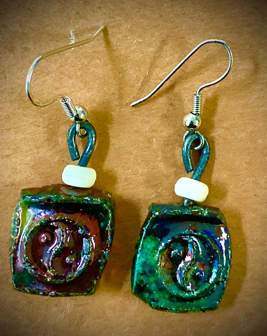 Raku Metallic green and copper Luster Textured  Irregular Rectangle 1/2 ounces