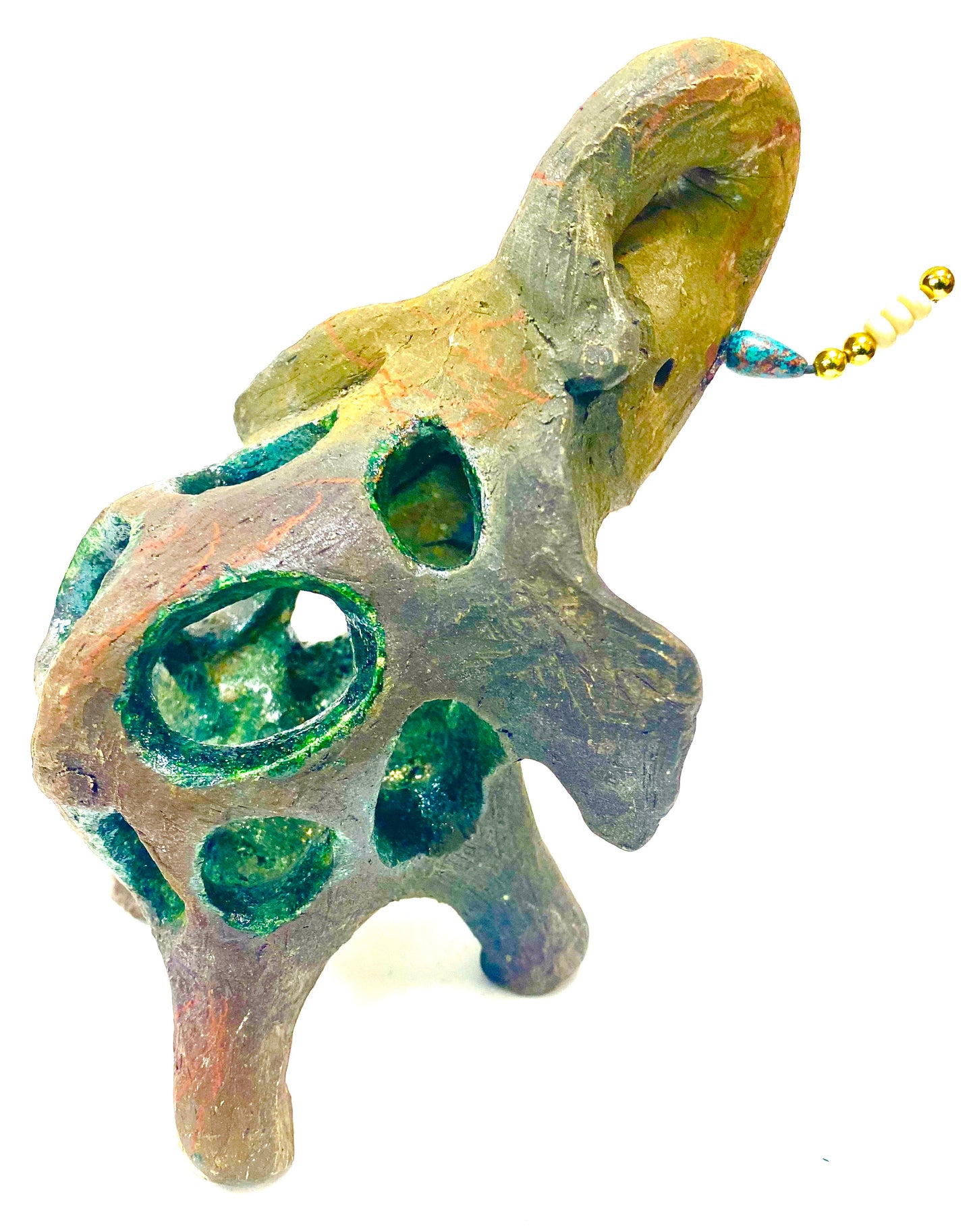Raku Elephant Have you HERD!!!!!! Just one of these lovely Raku Fired Elephant will make an excellent gift for your friend, sorority or for your home’ special place centerpiece. 6" x 3" x 6" 1.4 lbs Beautiful metallic raku elephant with open body spaces. For decorative purposely only