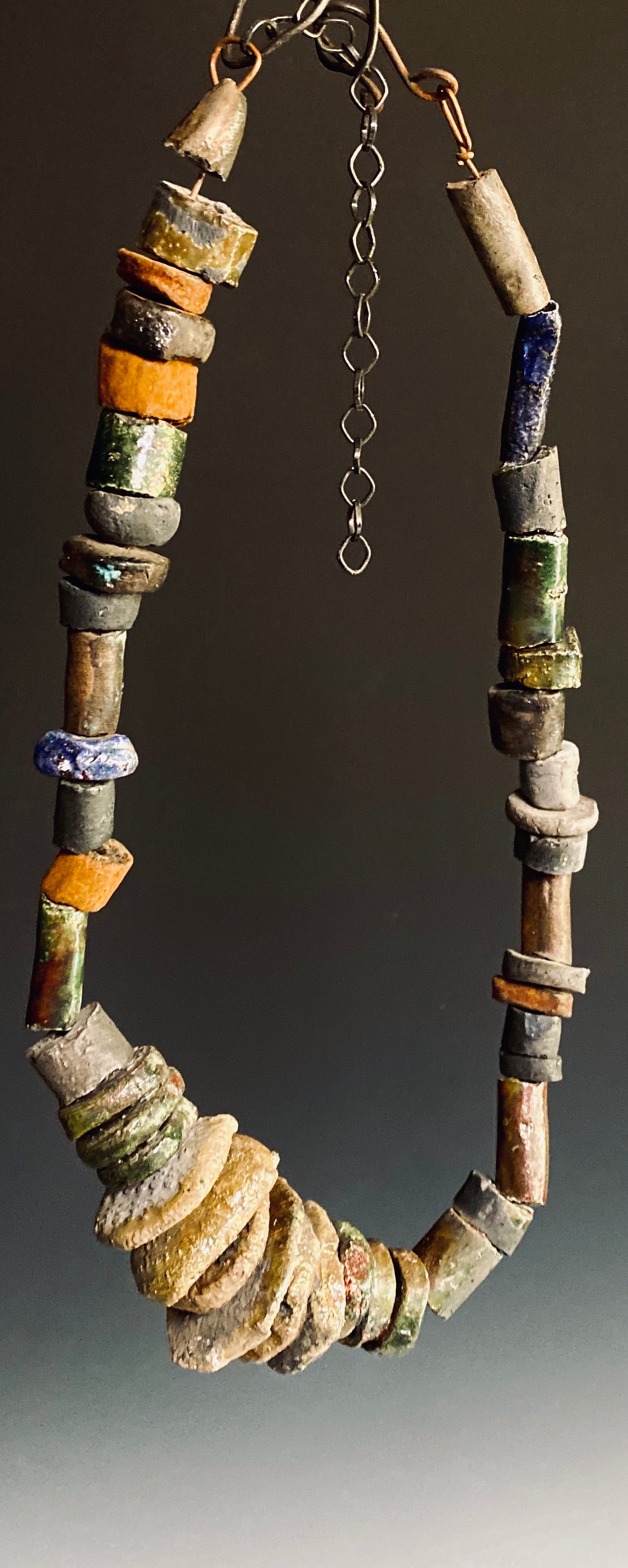 Simple and Beautiful! 42  raku beads. 10" black suede cord Amazingly Lightweight! 5.5 ozs!!