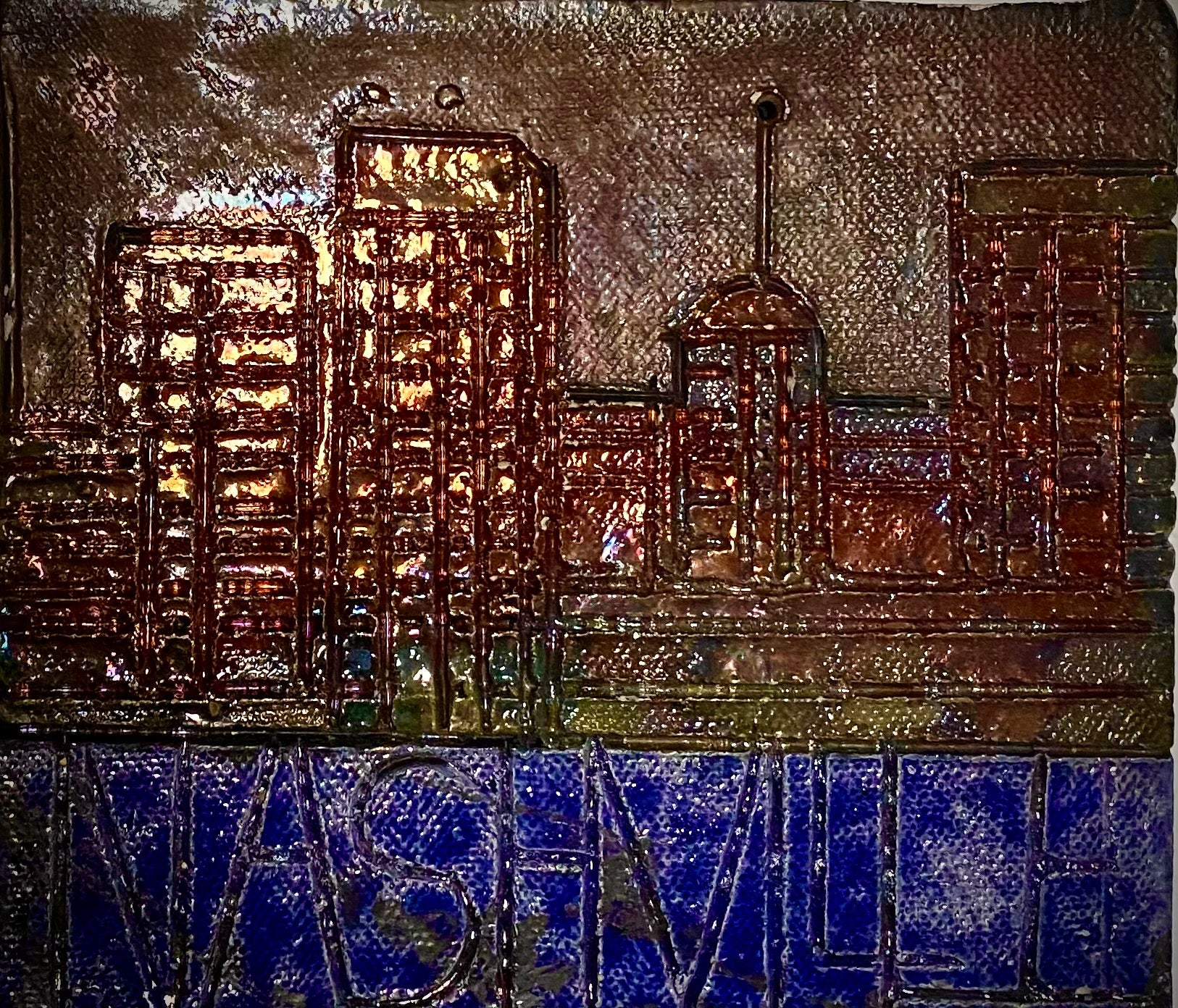 Skyline of Downtown Nashville!  6” x 5.5”  11  ozs Metallic copper glaze etched and textured back hook