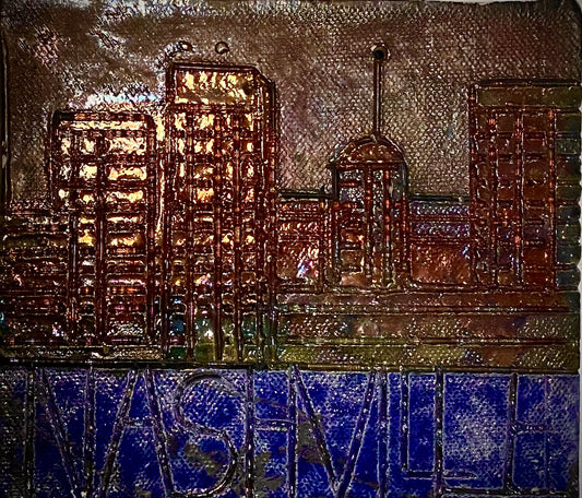 Skyline of Downtown Nashville!  6” x 5.5”  11  ozs Metallic copper glaze etched and textured back hook