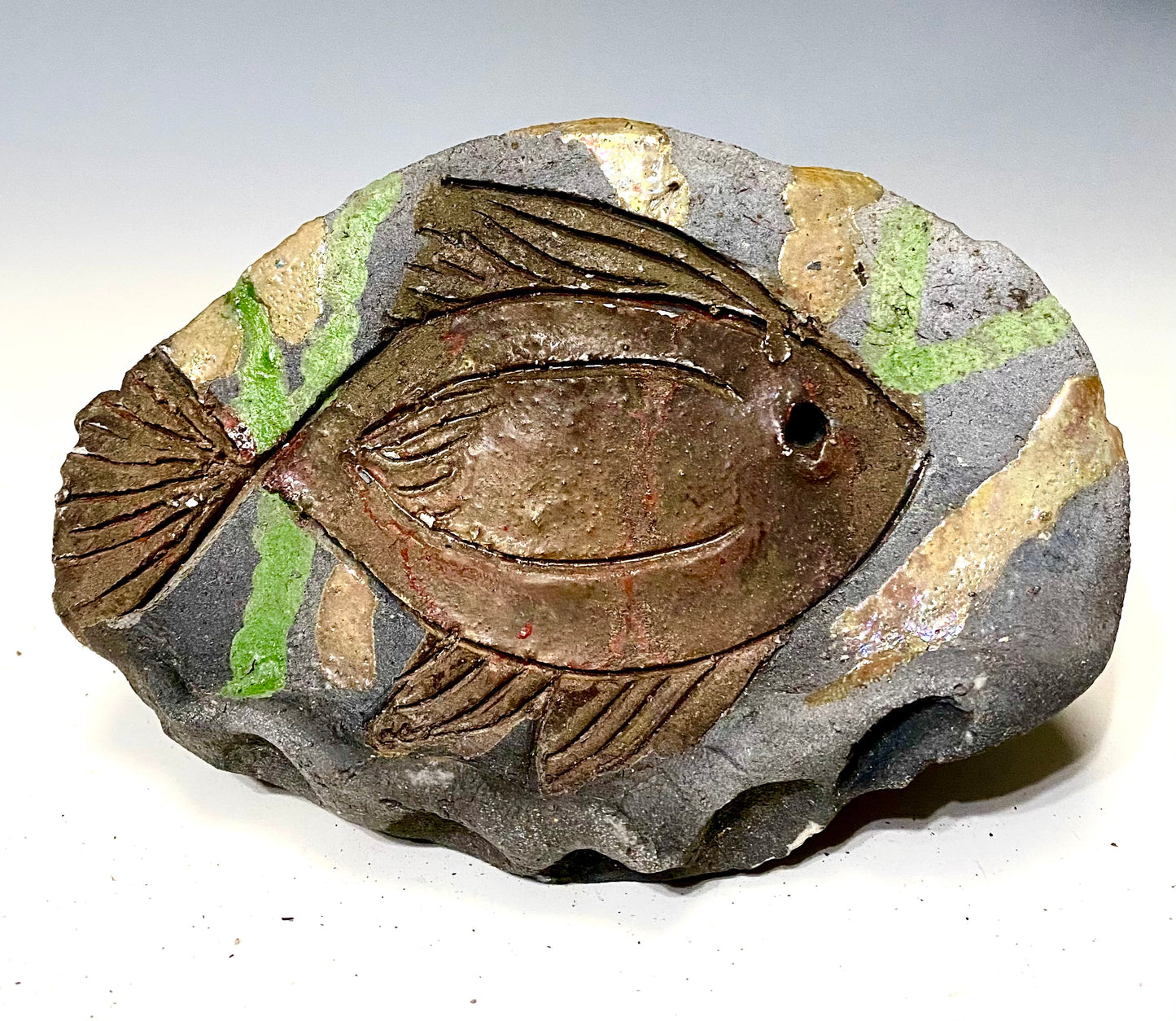 Metallic glazes Raku fired Fish Tile Irregular 5" x 3" metallic etched 4.75 ozs