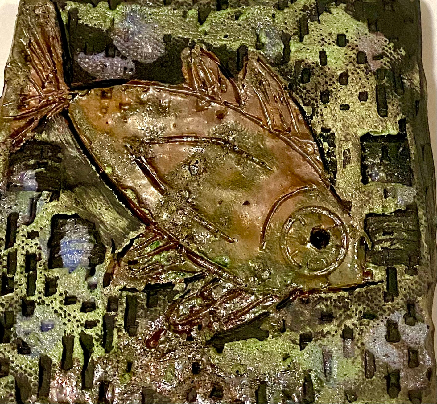 Metallic glazes Raku fired Fish Tile  4.5" x 4.5" metallic etched 4.5 ozs