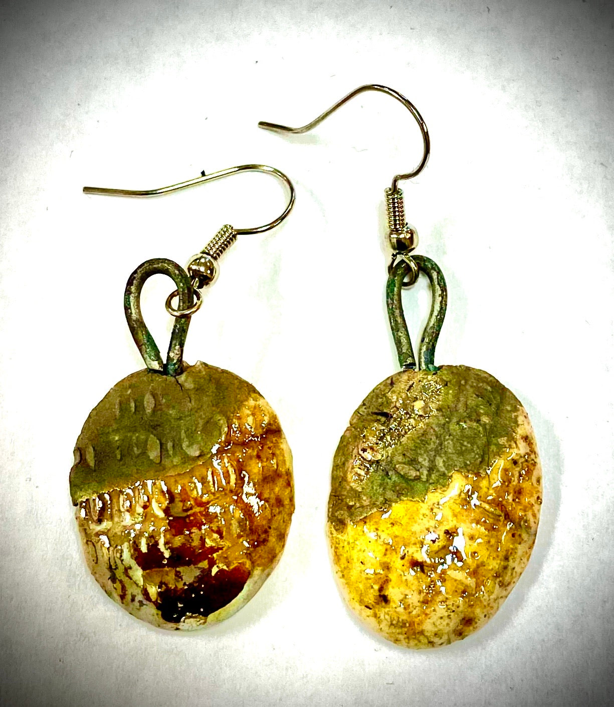 Raku Fired Earrings Two tone smokey black and Shimmery Gold Luster 1/2 ounce