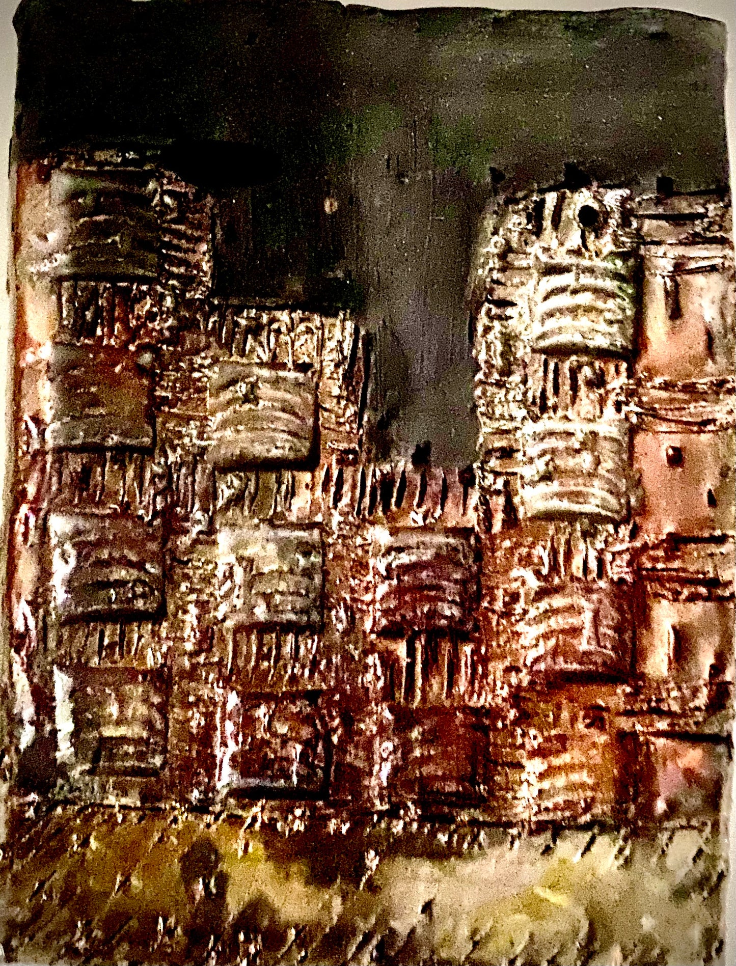 Skyline of Downtown Nashville 4.5” x 5.5” 7.5 ozs Metallic copper glaze etched and textured back hook