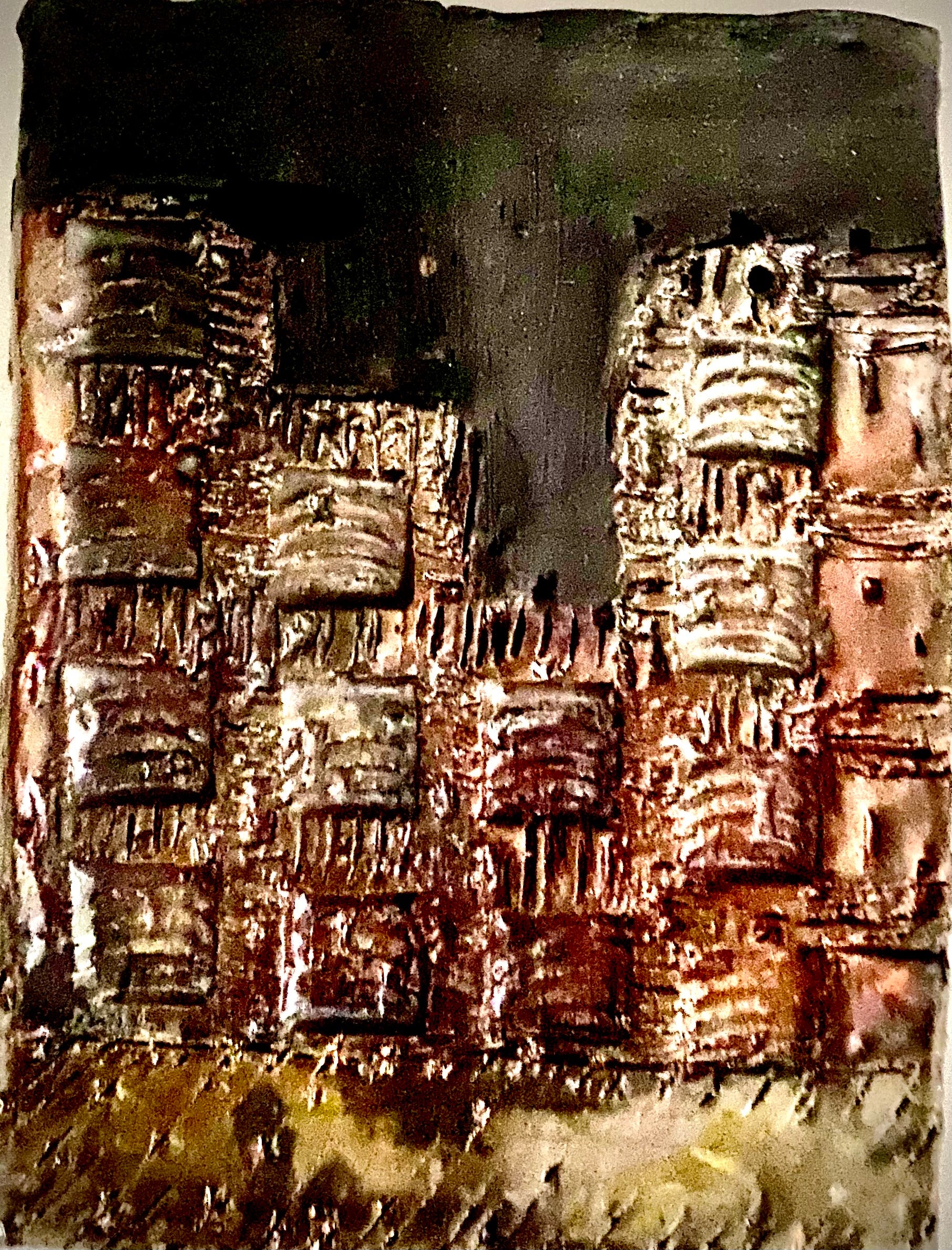 Skyline of Downtown Nashville  4.5” x 5.5”  7.5 ozs Metallic copper glaze etched and textured back hook