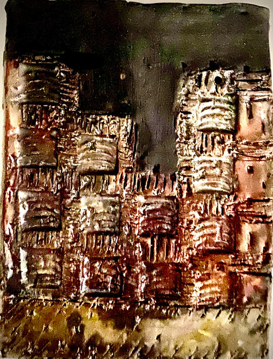 Skyline of Downtown Nashville  4.5” x 5.5”  7.5 ozs Metallic copper glaze etched and textured back hook