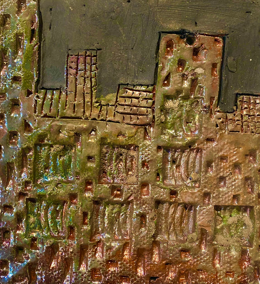 Skyline Downtown   4.5” x 4.5”  7 ozs Metallic copper glaze etched and textured back hook