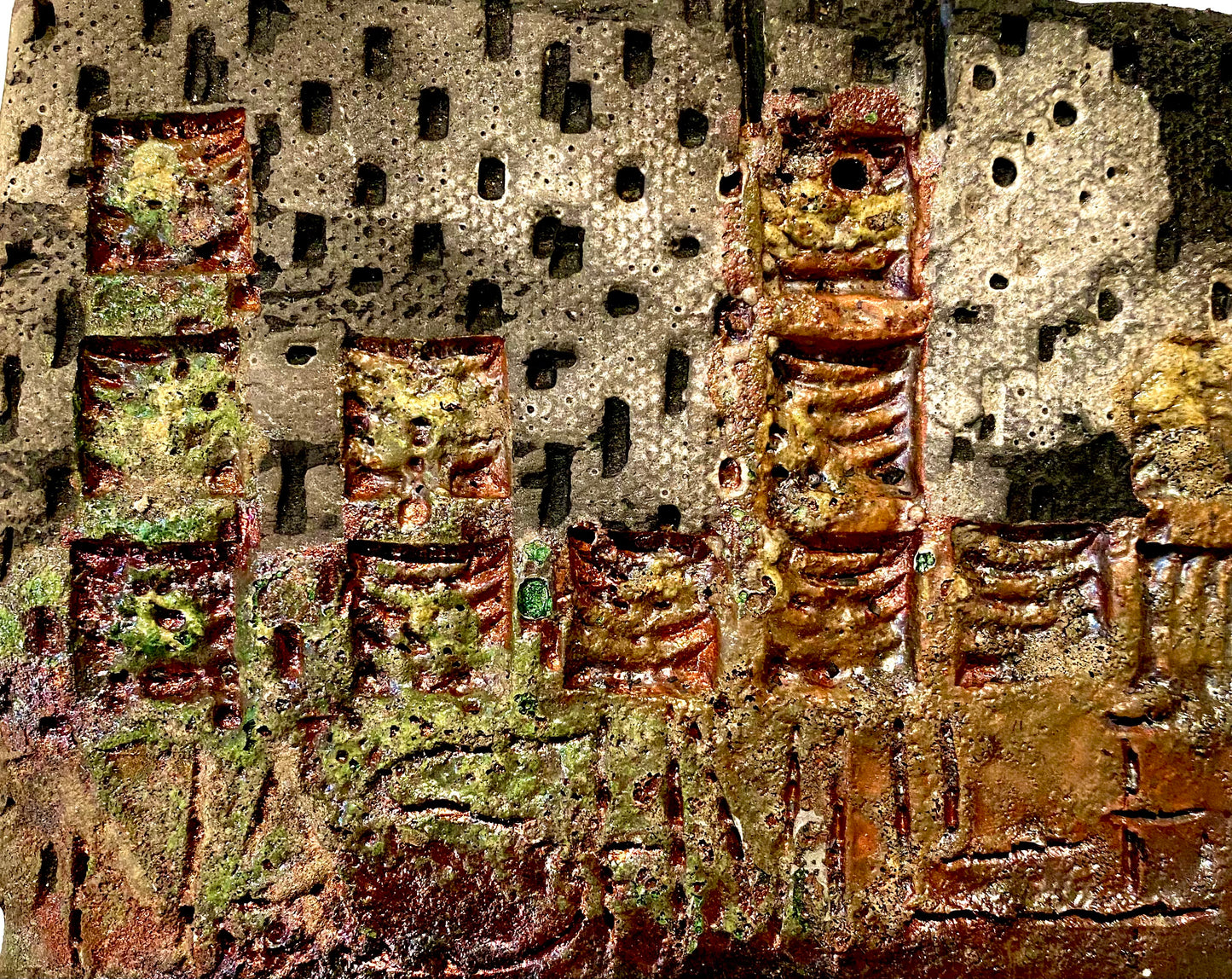 Skyline Downtown 4.5” x 4.5” 7 ozs Metallic copper glaze etched and textured back hook