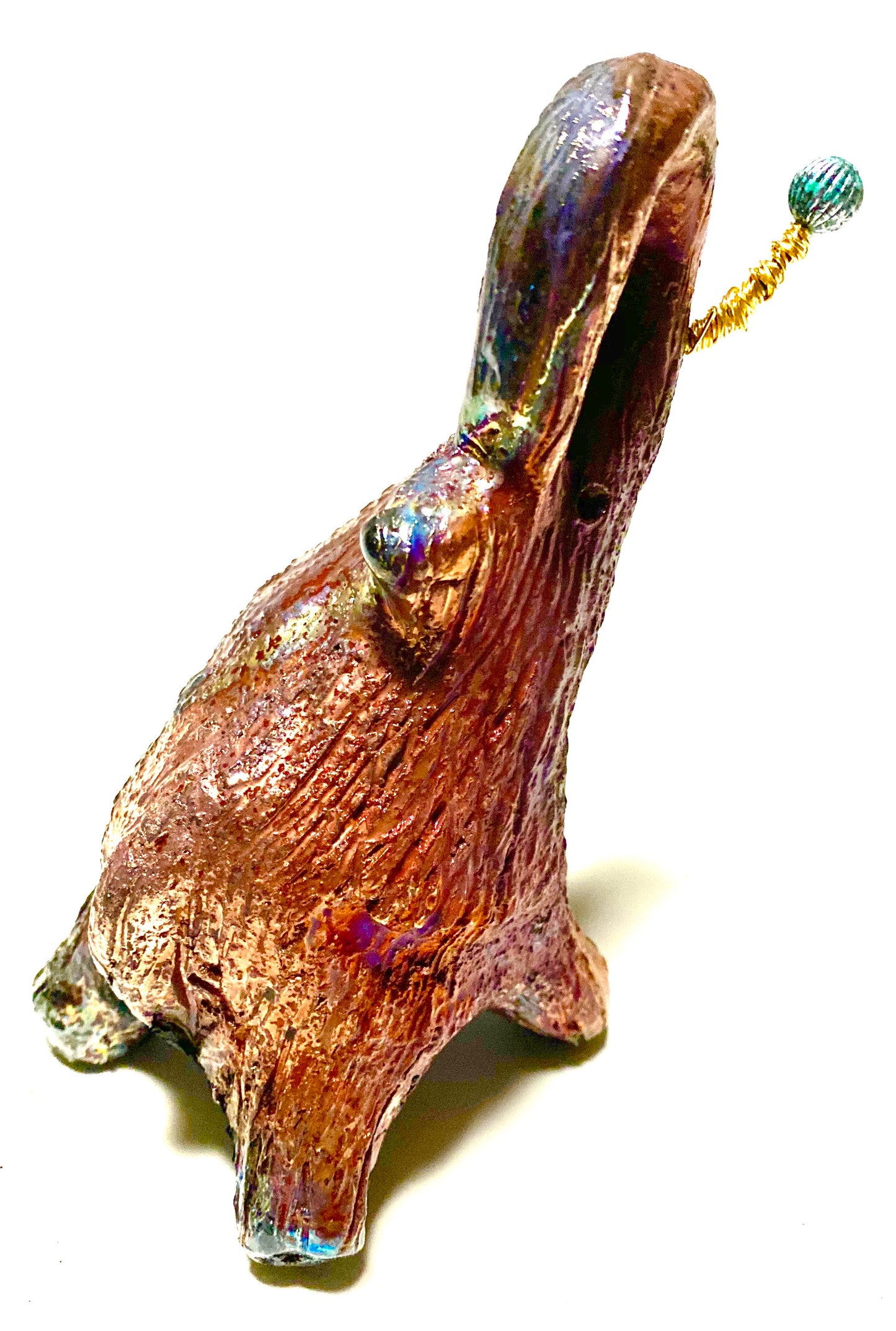 Have you HERD!!!!!! Elephants are one of my favorite animals to create. They are so majestic" Just one of these lovely Raku Fired Elephant will make an excellent gift for your BFF, or just for you . This raku fired elephant stands 6" x 2" x 2.5" and weighs 12 ounces. She has beaded tusks and a textured copper metallic body. Perfect for a gift or to add to your collection.