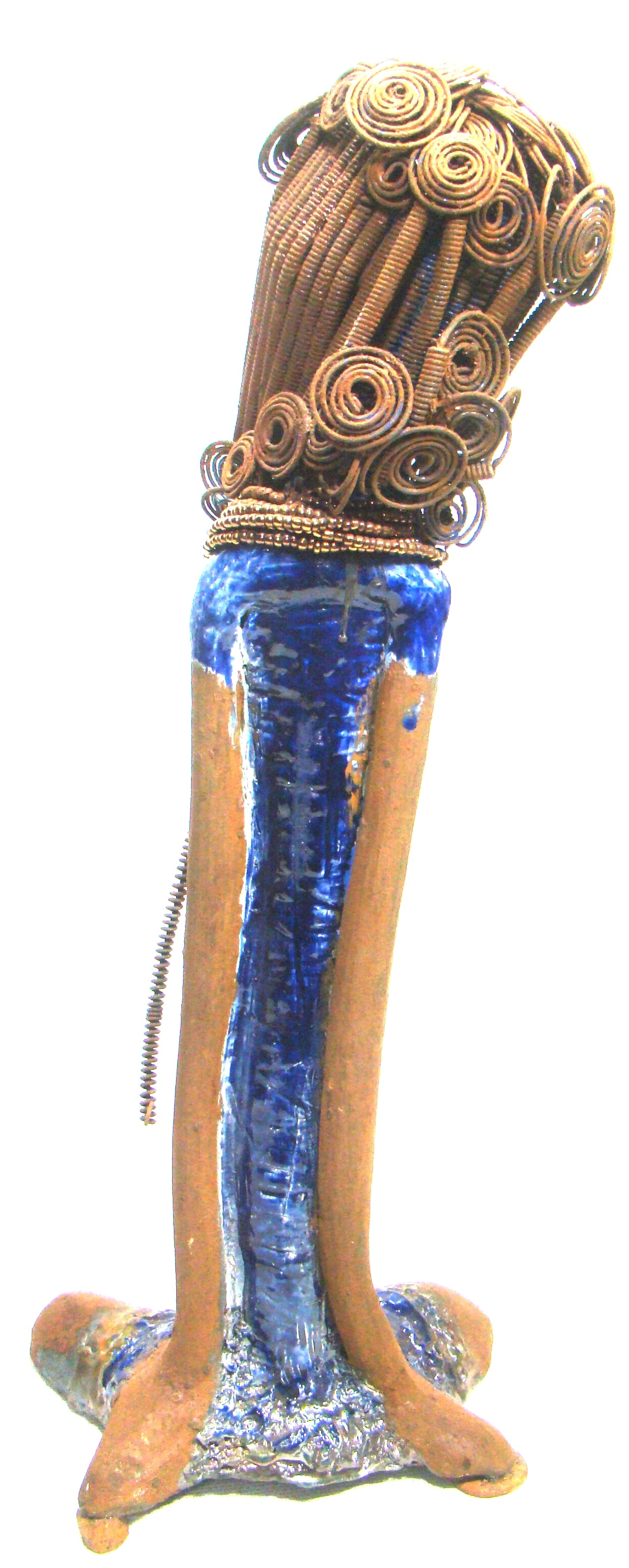 Kya stands 20" x 8" x 5" and weighs 6.04 lbs. She has a lovely honey brown complexion. Kya has over 40 feet of rust wire coils and spiral hair. Her dress is a metallic blue with streaks of copper. Her necklace is made from rust wire coils and amber beads. Kya has long loving arms that are placed behind her. Kya radiates like a blue diamond in the sky. Give Kya a special place in your home! Free Shipping!