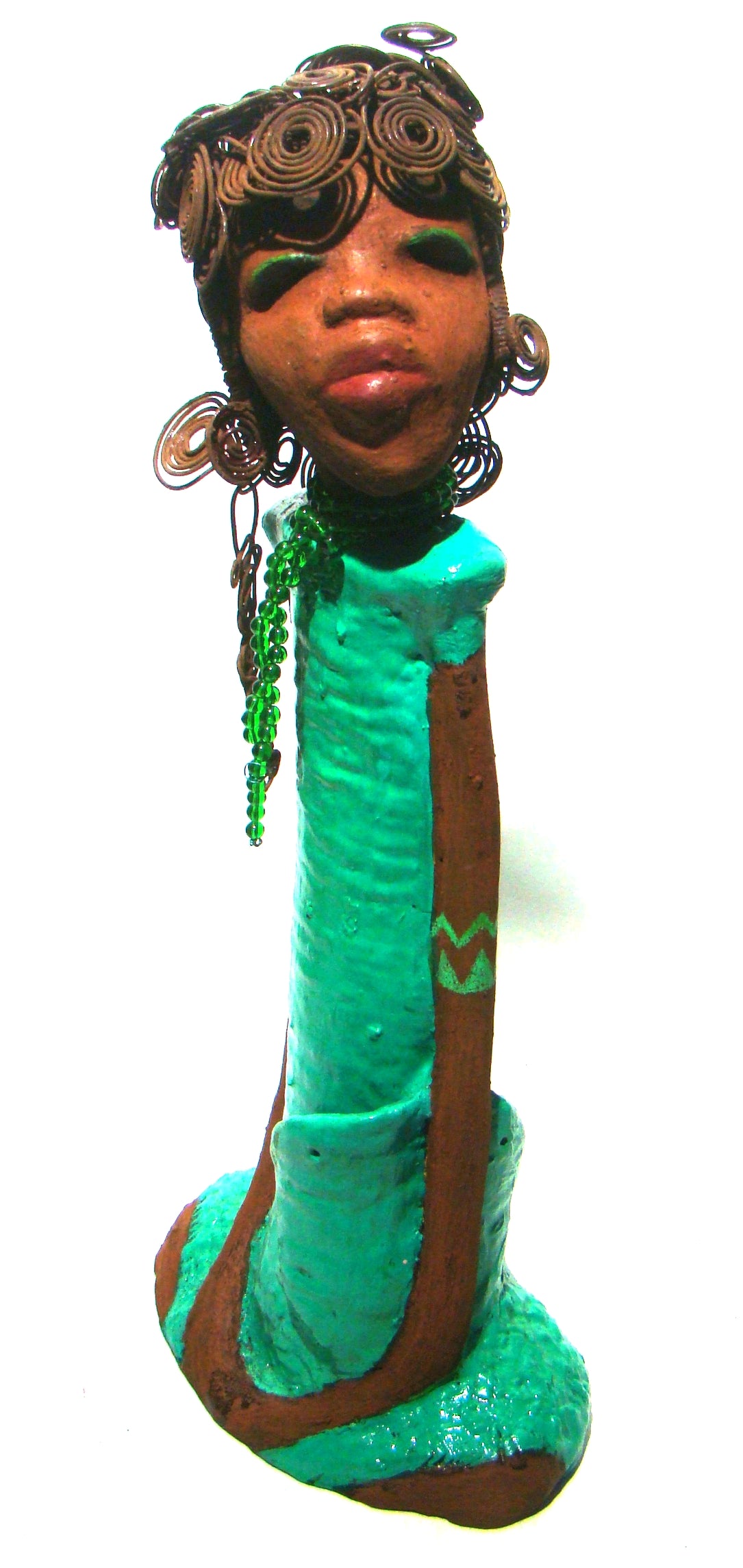 Melissa stands 18" x 9" x 5" and weighs 6.6 lbs. She has over 30 feet of wire curls, twist, and coiled hair. Melissa has a lovely honey brown complexion. She has a aqua blue green dress with matching open purse. Melissa is a tall statuesque goddess that awaits a new home. Free Shipping!