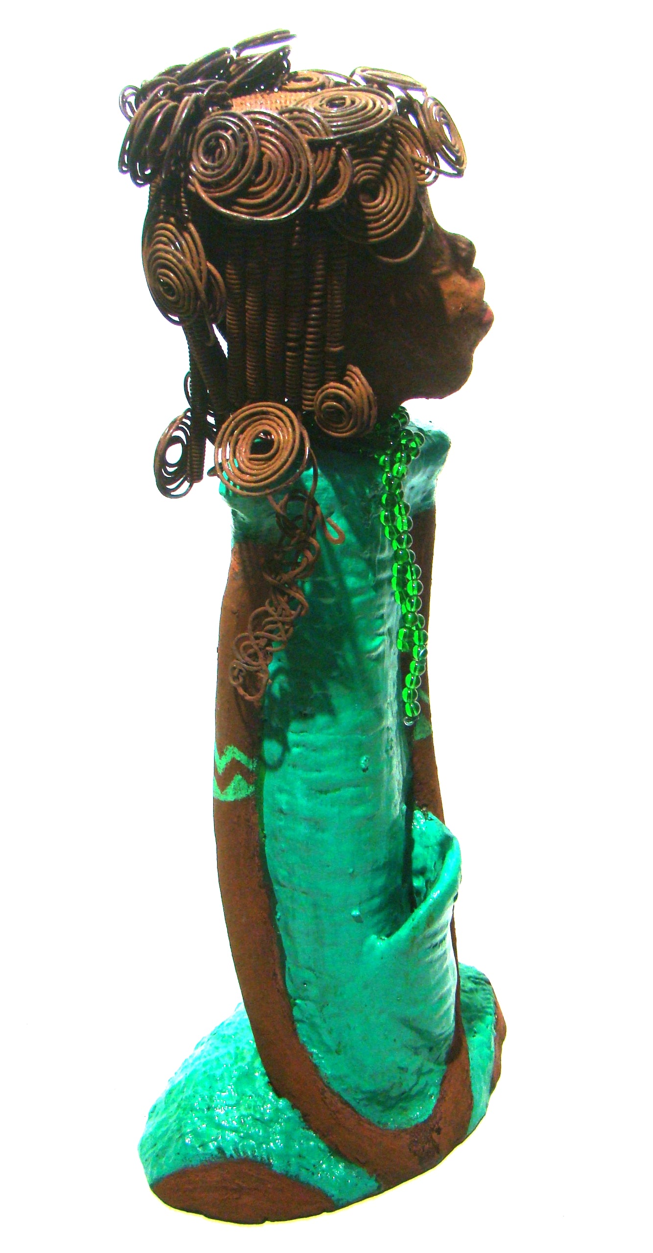 Melissa stands 18" x 9" x  5" and weighs 6.6 lbs.     She has over 30 feet of wire curls, twist, and coiled hair.     Melissa has a lovely honey brown complexion.     She has a aqua blue green dress with matching open purse.     Melissa is a tall statuesque goddess that awaits a new home.     Free Shipping!