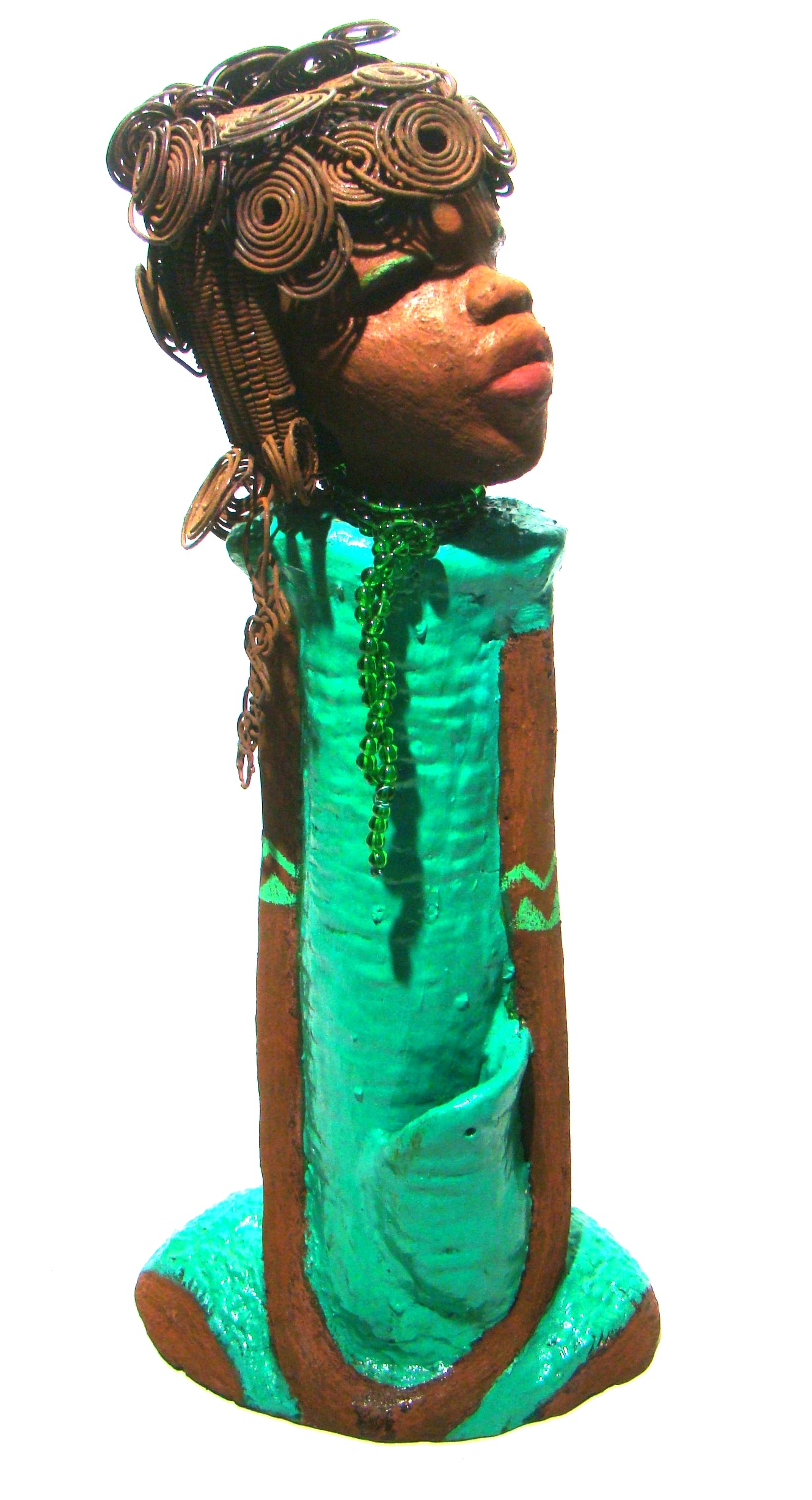 Melissa stands 18" x 9" x 5" and weighs 6.6 lbs. She has over 30 feet of wire curls, twist, and coiled hair. Melissa has a lovely honey brown complexion. She has a aqua blue green dress with matching open purse. Melissa is a tall statuesque goddess that awaits a new home. Free Shipping!