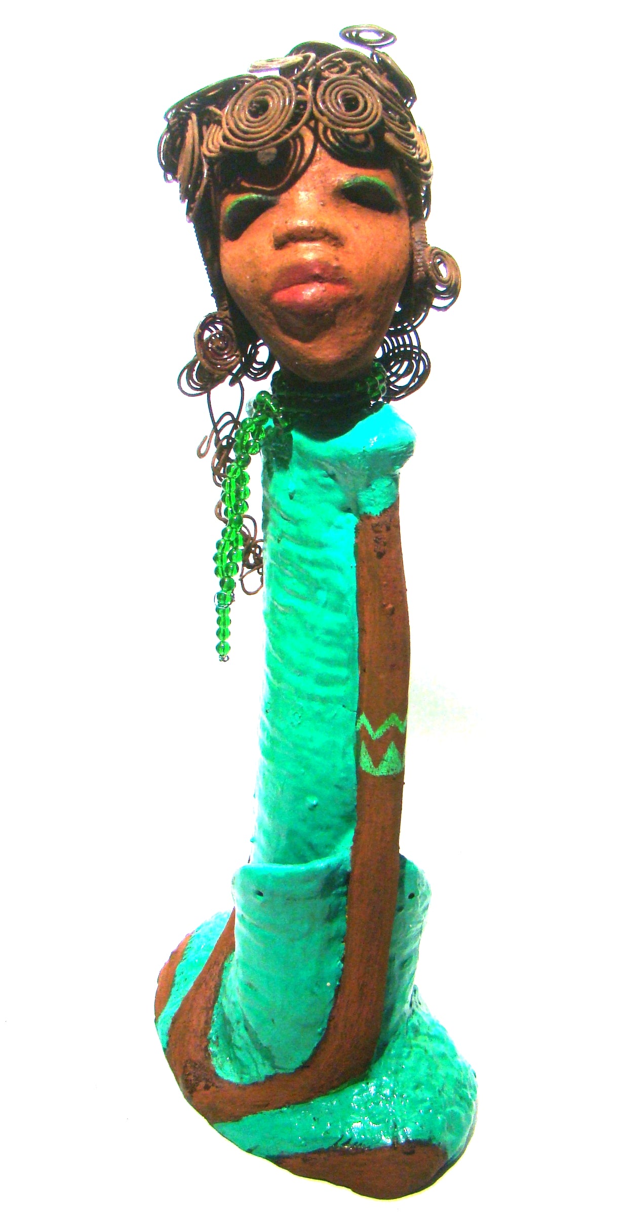 Melissa stands 18" x 9" x  5" and weighs 6.6 lbs.     She has over 30 feet of wire curls, twist, and coiled hair.     Melissa has a lovely honey brown complexion.     She has a aqua blue green dress with matching open purse.     Melissa is a tall statuesque goddess that awaits a new home.     Free Shipping!