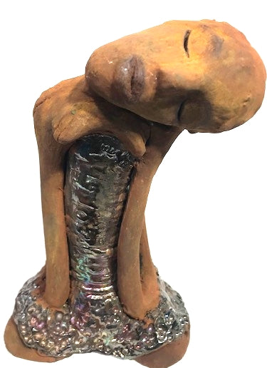 Meet Peace!      Peace stands 9" x 5" x 4"and weighs 2.01 lbs.     She has a lovely honey brown complexion and bald.     Peace has her tilted and resting on her shoulder.     Her long loving arms are nested underneath her chin.     Peace has a glossy textured metallic dress.     Peace is at peace and all is well.  Let Peace bring tranquility to your home!