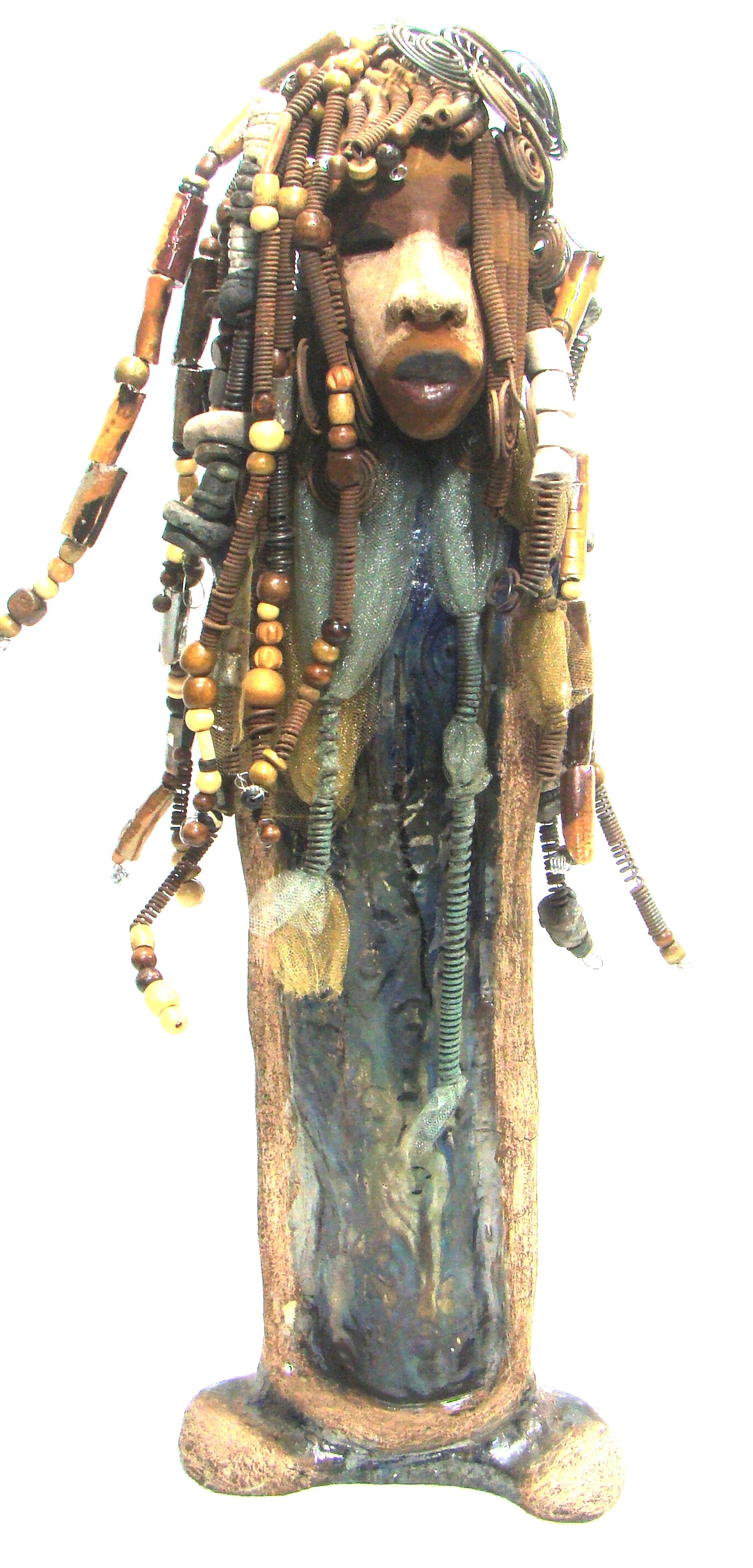 Sabrina stands 23" x 8" x 5" and weighs 9.2 lbs. She as an awesome two tone honey brown complexion. Sabrina's dress is a dark metallic blue with streaks of copper. A blue and gold tulle drapes around her neck Sabrina has long loving arms found typically on Herdew's sculptures. Sabrina sits with anticipation of being a show piece in your home especially now with her New Makeover!