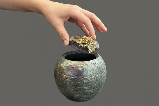 Explore the intricate features of this dark iridescent pottery piece, measuring 4 inches tall and 3 inches wide and deep with a 2-inch opening. The lid boasts an earthy rock accent and features brass and spiral brass wire.