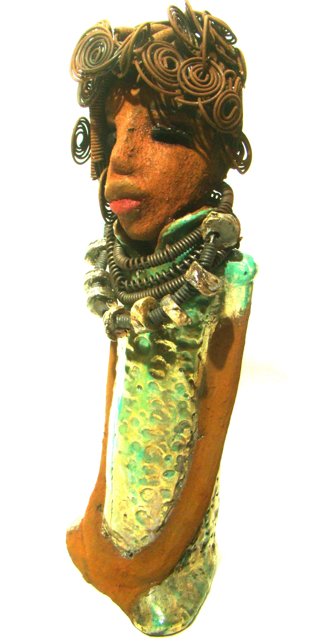 Martina stands 13" x 5" x 4" and weighs 3.15 lb. She wears a large beaded coiled collared necklace. Martina wears a metallic green gold textured dress. Martina has an awesome honey brown complexion that compliments her subdued look. She has those familiar long loving arms! Martina is looking for a new home. She is a conversation piece. Free Shipping!
