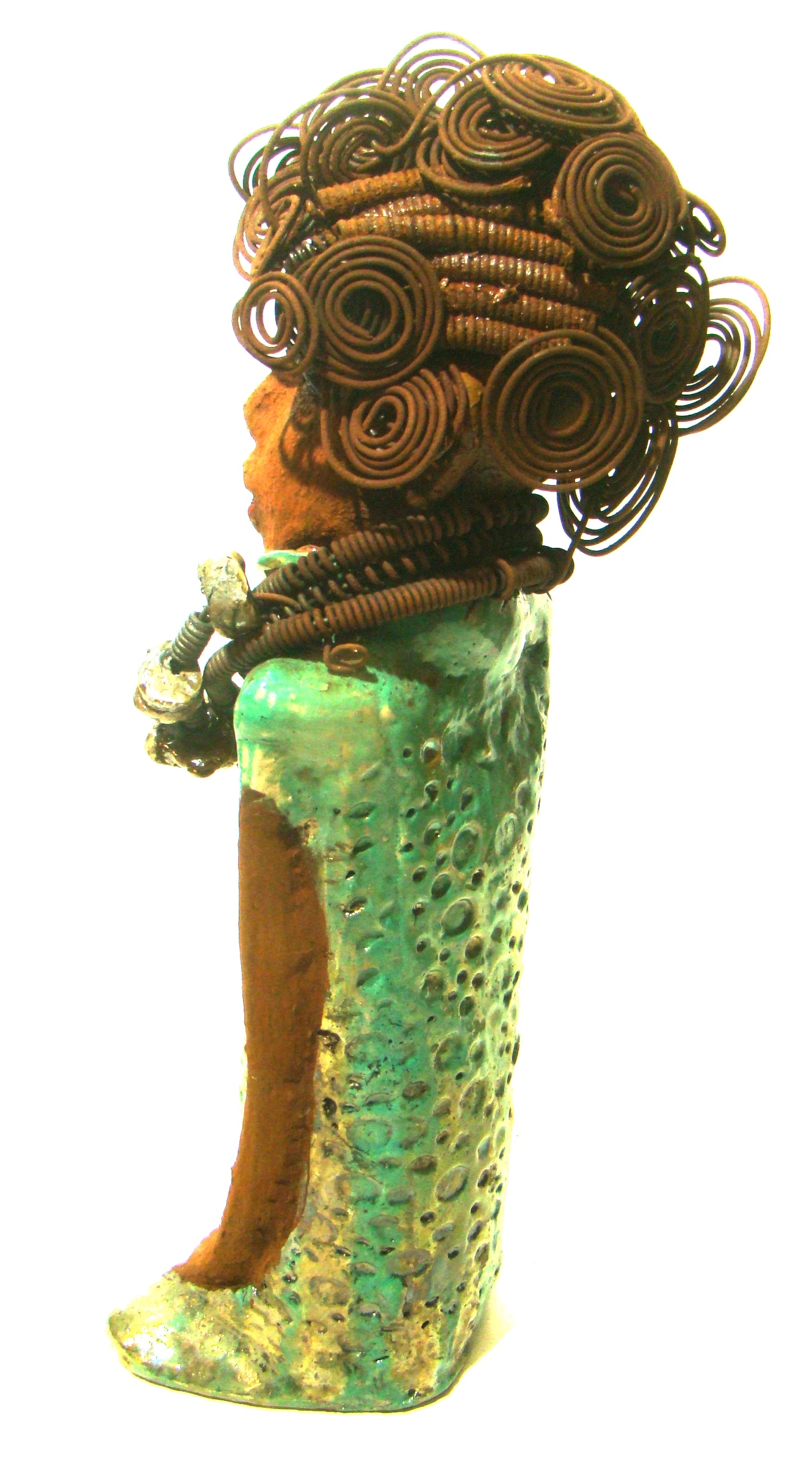 Martina stands 13" x 5" x 4" and weighs 3.15 lb. She wears a large beaded coiled collared necklace. Martina wears a metallic green gold textured dress. Martina has an awesome honey brown complexion that compliments her subdued look. She has those familiar long loving arms! Martina is looking for a new home. She is a conversation piece. Free Shipping!