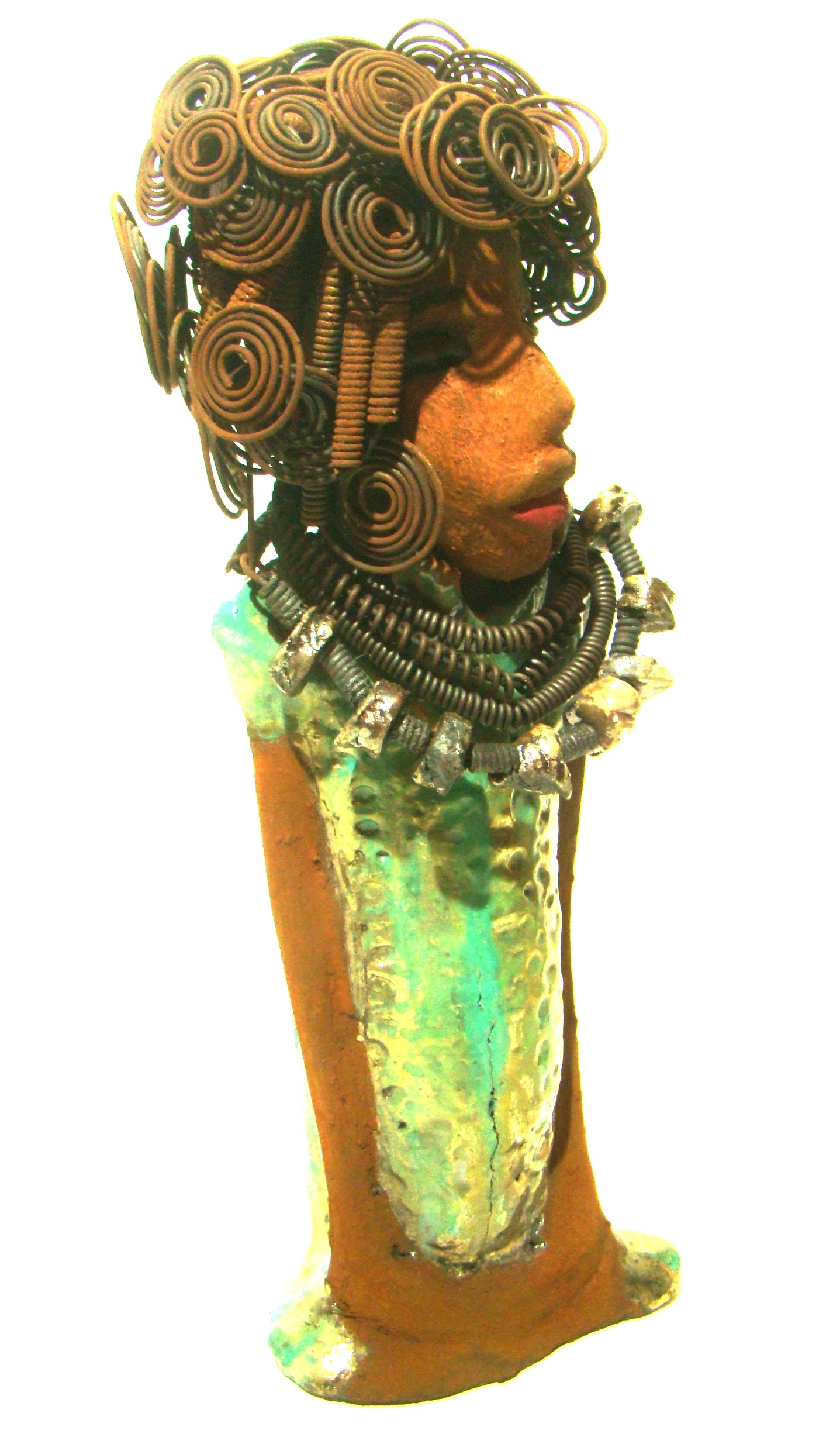 Martina stands 13" x 5" x 4" and weighs 3.15 lb. She wears a large beaded coiled collared necklace. Martina wears a metallic green gold textured dress. Martina has an awesome honey brown complexion that compliments her subdued look. She has those familiar long loving arms! Martina is looking for a new home. She is a conversation piece. Free Shipping!