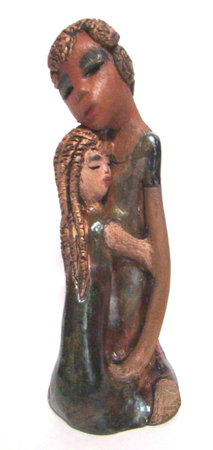 Hold Me Mama depicts the bond between a mother and child. They stand 10" x 5" x 5" and weighs 2.8 lbs. Mother and Child has honey brown complexions with etched...