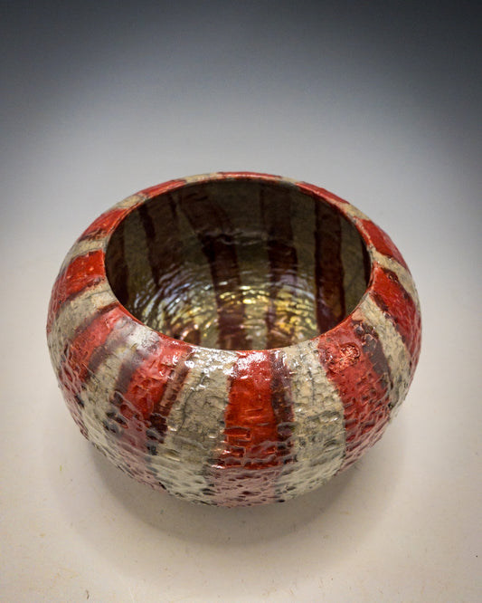Red and Silver Striped Raku Vase