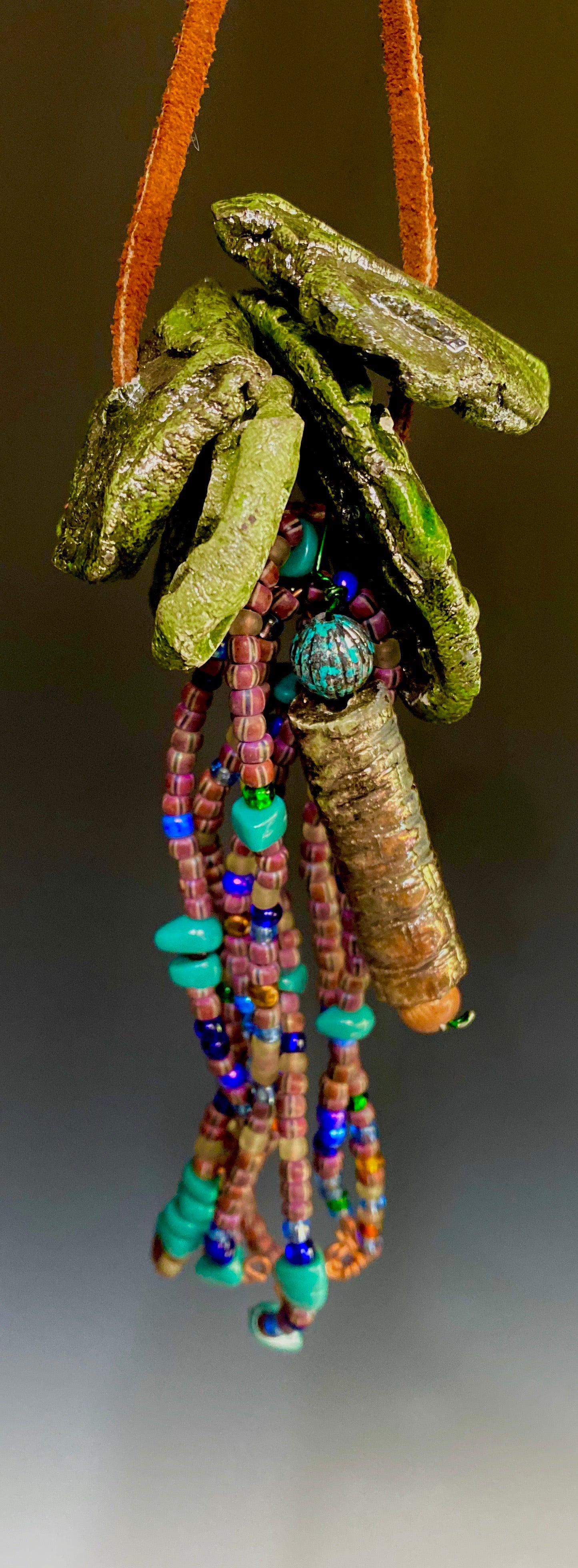 19"  brown cord  13" vertical drop 5 multi colored Raku beads over 50 mixed acrylic beads Tribal!
