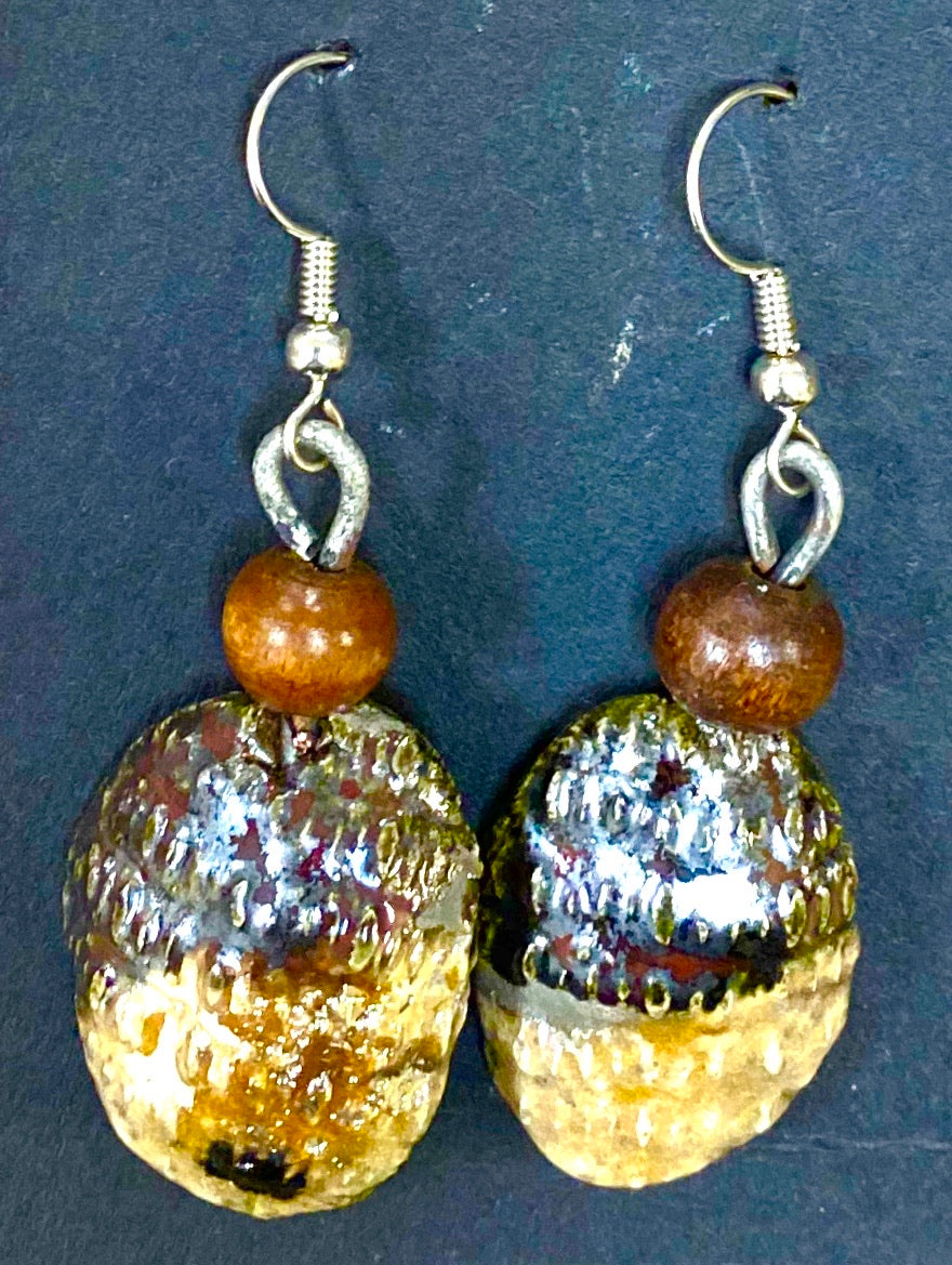 Raku Two tone amber brown and  gold Luster Wood beads 1/2 ounces