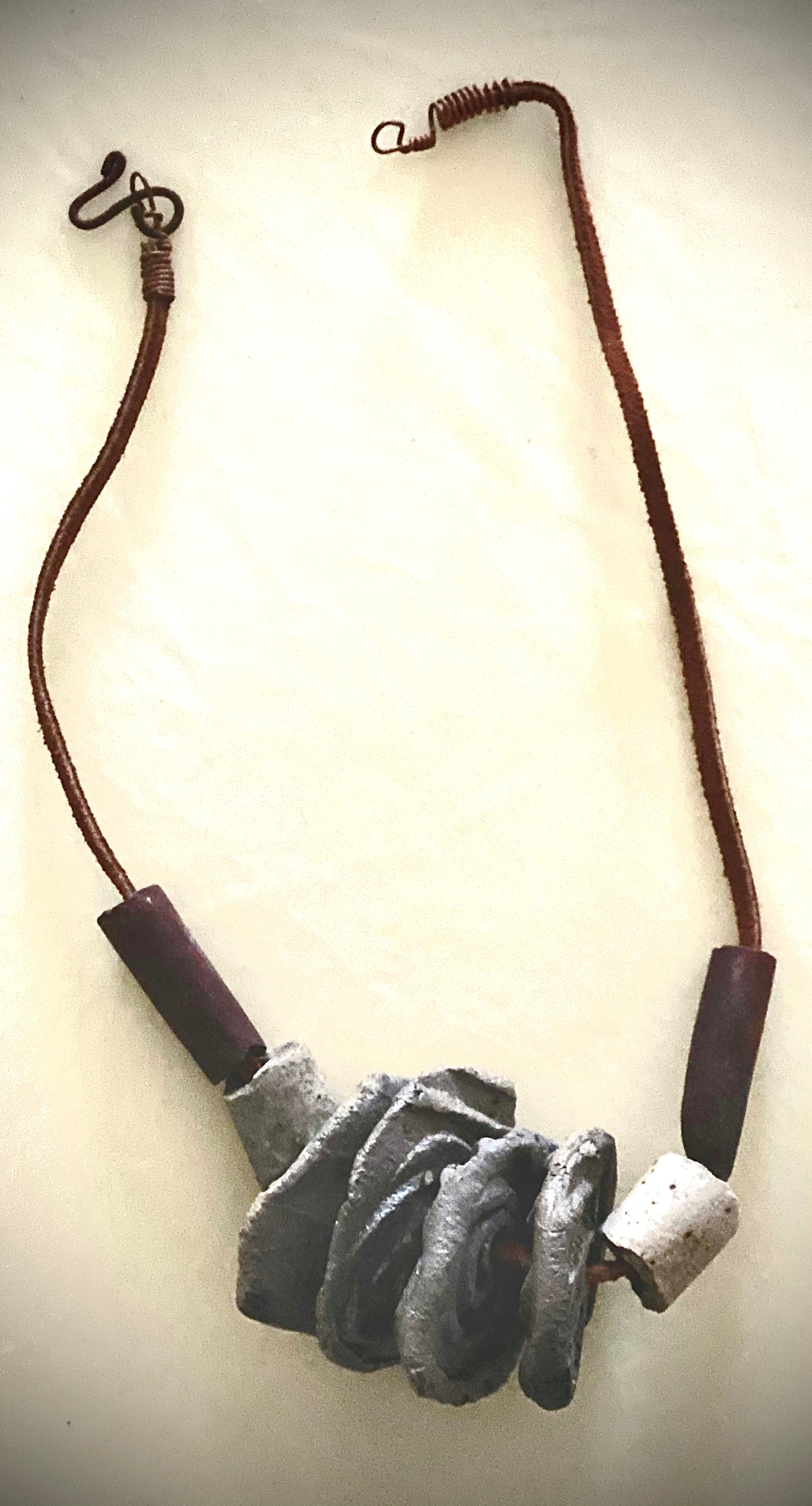 Simple and Beautiful! 8 multi size / color raku beads 8" hang  brown suede cord Amazingly Lightweight! 2.3 ozs!!