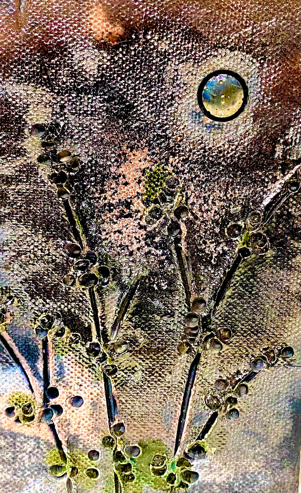 Raku Tree and Moon Tile  4 " x 6" metallic etched 8.1 ozs