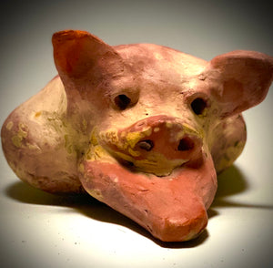 This Little Piggy named Mike is 4" x 5' x 6" and weighs 1.8 lbs. Mike has a matte and satin pinkish complexion. Mike little curly tail is made of wire.